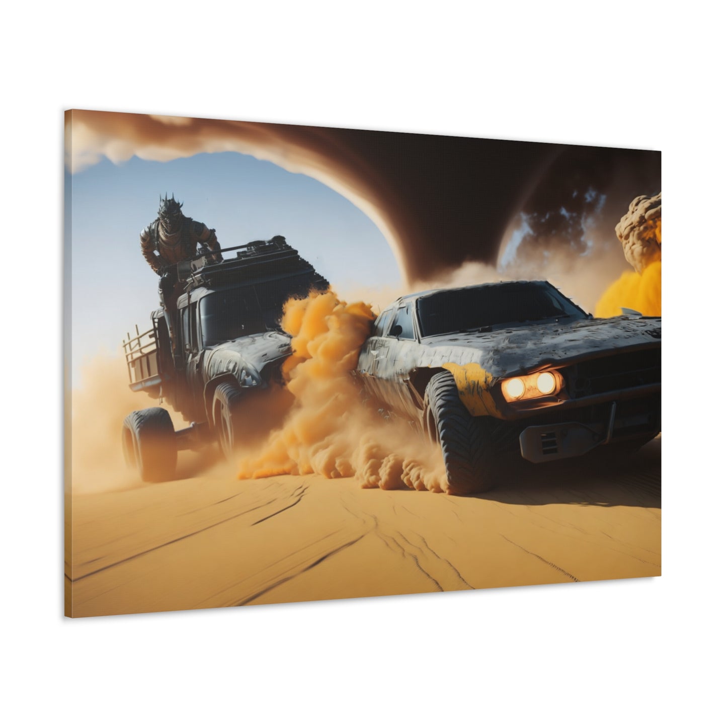 Apocalyptic Desert Chase Canvas Wall Art, Mad Max Style Vehicle Duel with Twister, Bold Living Room Decor, Adventure Seeker Gift