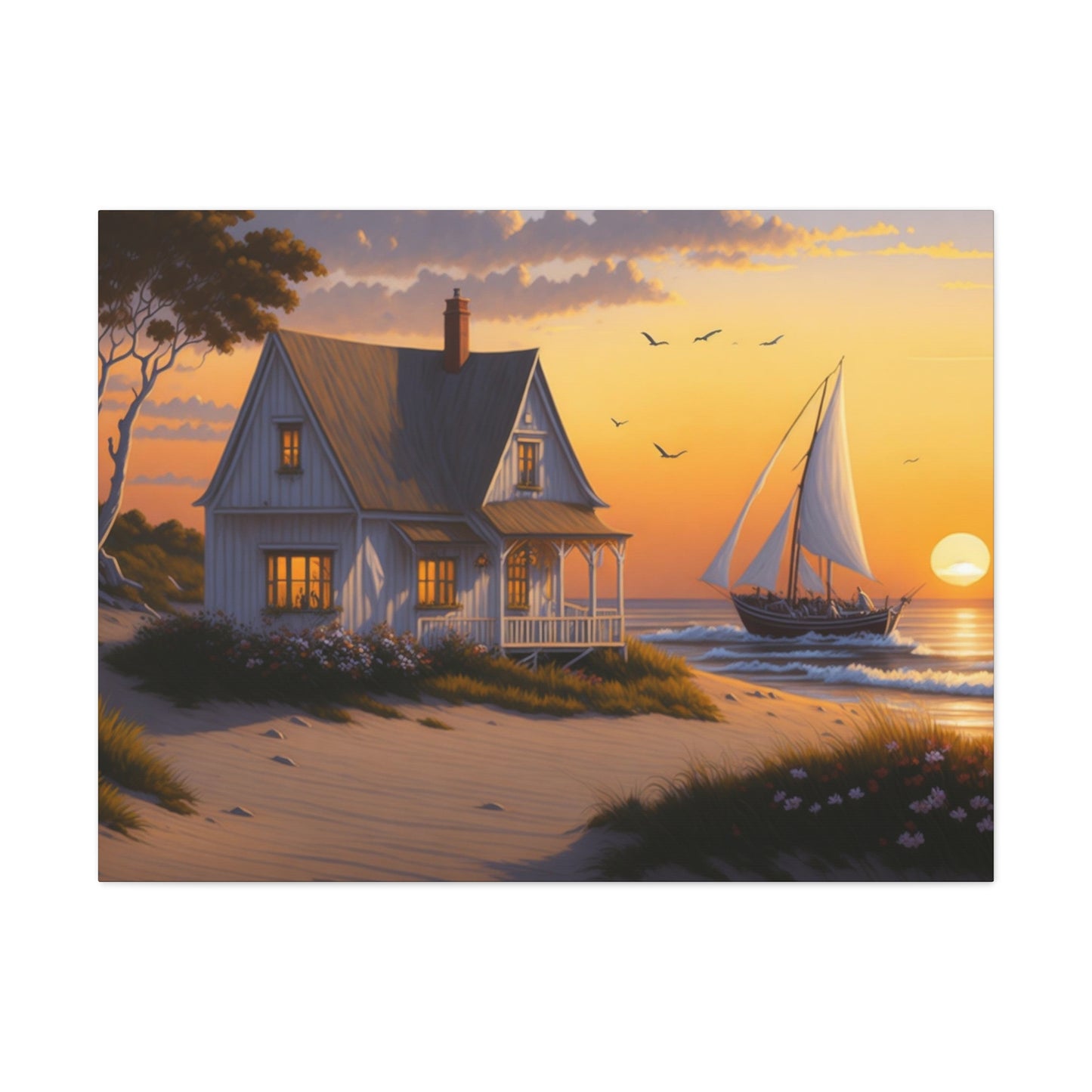 Coastal Retreat: Beach Cottage Canvas Wrap, Idyllic Coastal Landscapes, Serene Ocean Views, and Beachside Escapes, Sandy Beaches.