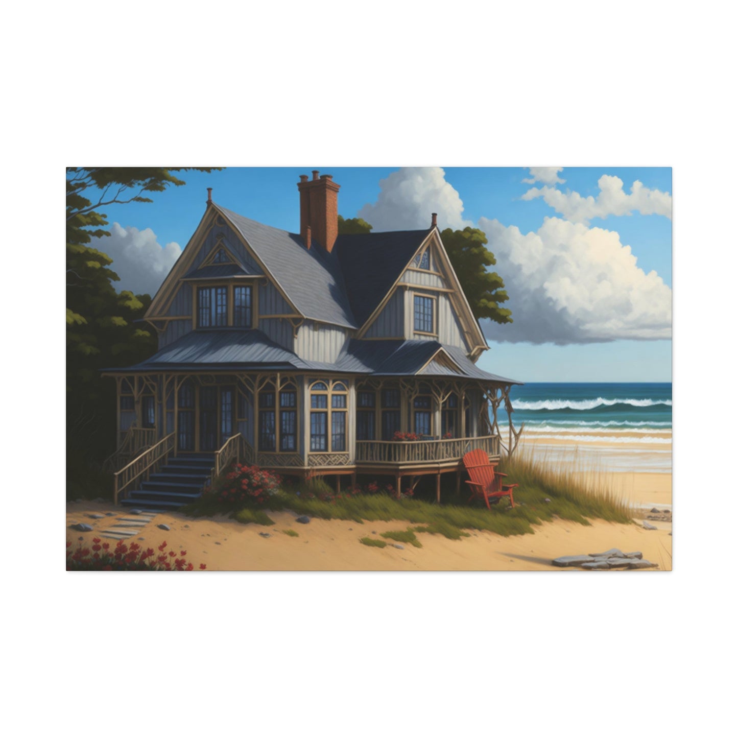 Coastal Retreat: Beach Cottage Canvas Wrap, Idyllic Coastal Landscapes, Serene Ocean Views, and Beachside Escapes, Sand Beaches.