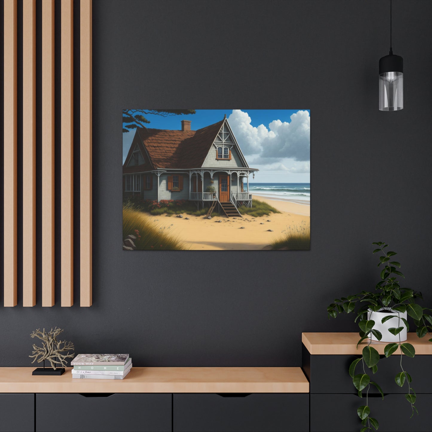 Coastal Retreat: Beach Cottage Canvas Wrap, Idyllic Coastal Landscapes, Serene Ocean Views, and Beachside Escapes, Sand Beaches.