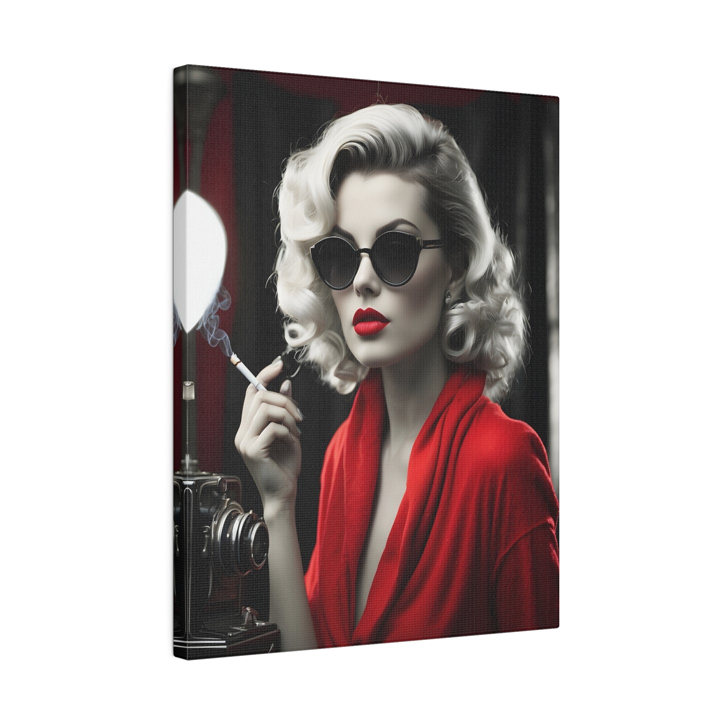 Classic Hollywood Glamour - Timeless Beauty in Red Canvas Print - Vintage-Inspired Starlet with Camera - Available from 8x10 to 32x48 inches