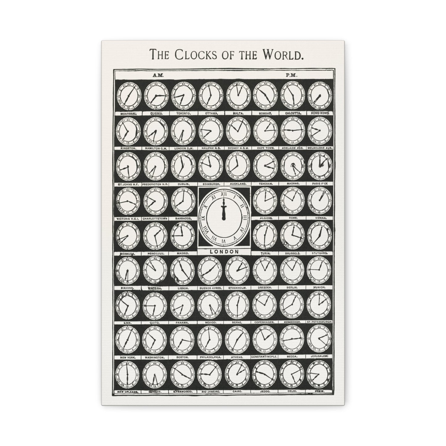 Clocks of the World Canvas Wrap Print, Vintage Time Zone Poster in Black and White, Ideal for Office Decor, Perfect Gift for Travelers