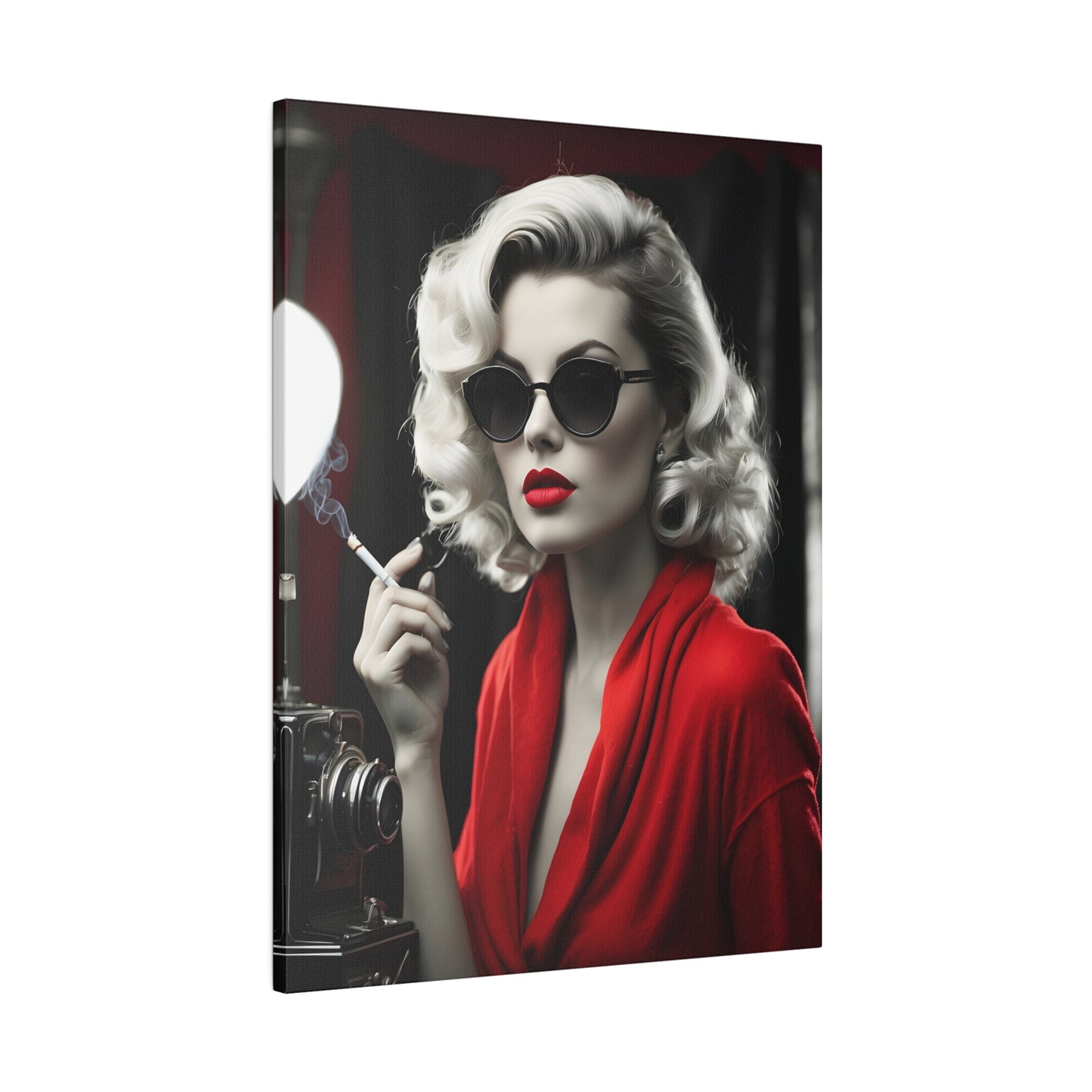 Classic Hollywood Glamour - Timeless Beauty in Red Canvas Print - Vintage-Inspired Starlet with Camera - Available from 8x10 to 32x48 inches