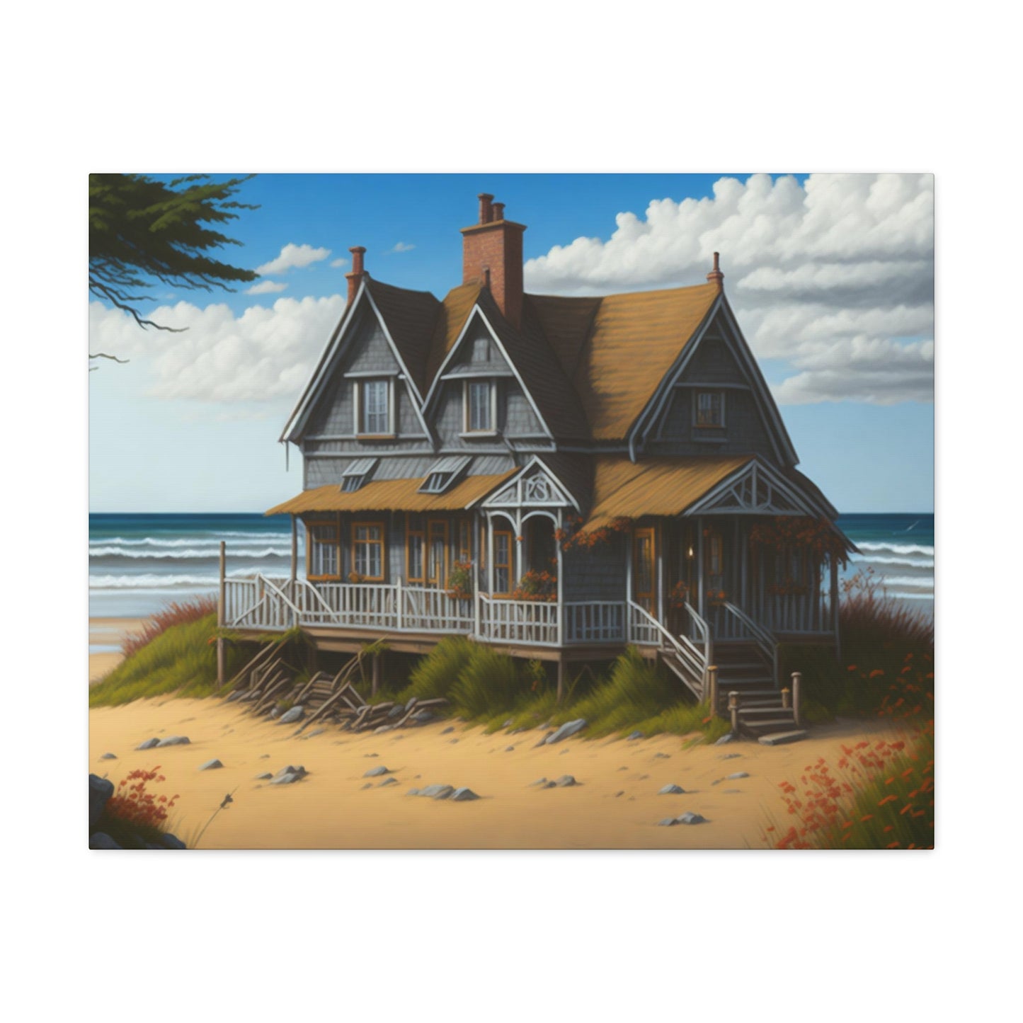 Coastal Retreat: Beach Cottage Canvas Wrap, Idyllic Coastal Landscapes, Serene Ocean Views, and Beachside Escapes, Sand Beaches.