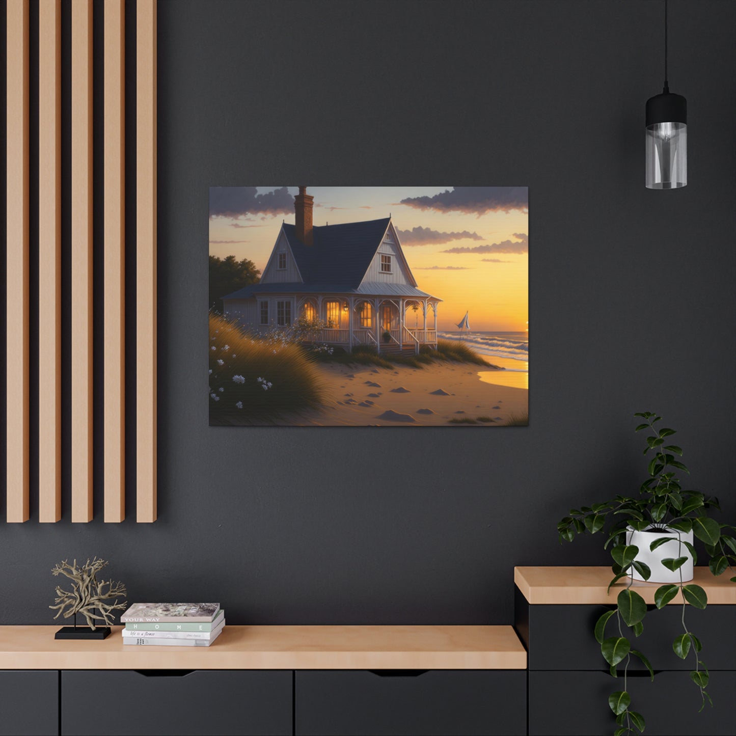 Coastal Retreat: Beach Cottage Canvas Wrap, Idyllic Coastal Landscapes, Serene Ocean Views, and Beachside Escapes, Sand Beaches.