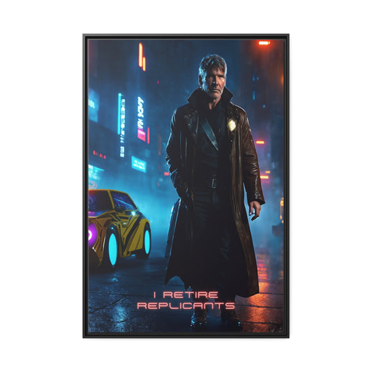 Cyberpunk City Framed Print, Rainy Dystopian Streets with Replicant Hunter, Futuristic Wall Art for Sci-Fi Movie Enthusiasts