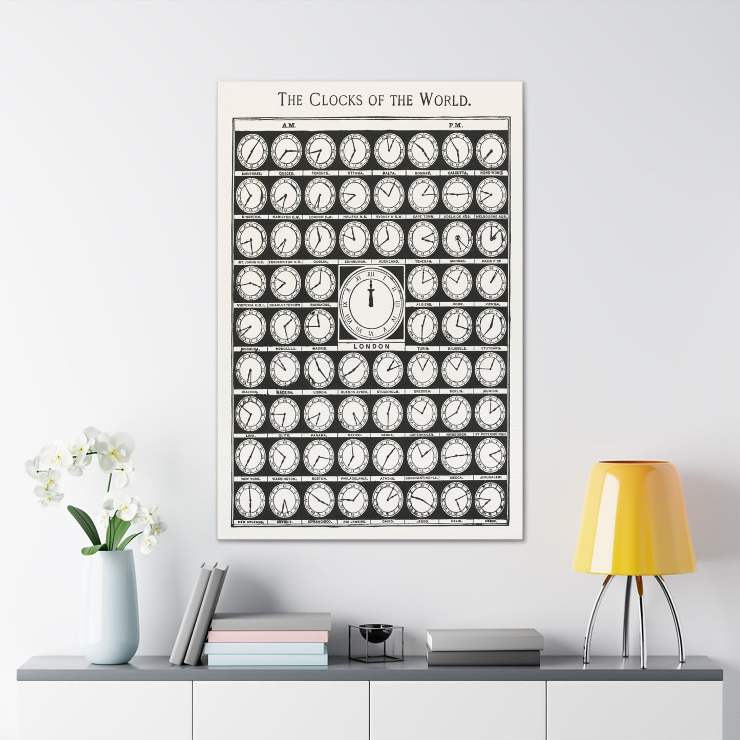 Clocks of the World Canvas Wrap Print, Vintage Time Zone Poster in Black and White, Ideal for Office Decor, Perfect Gift for Travelers