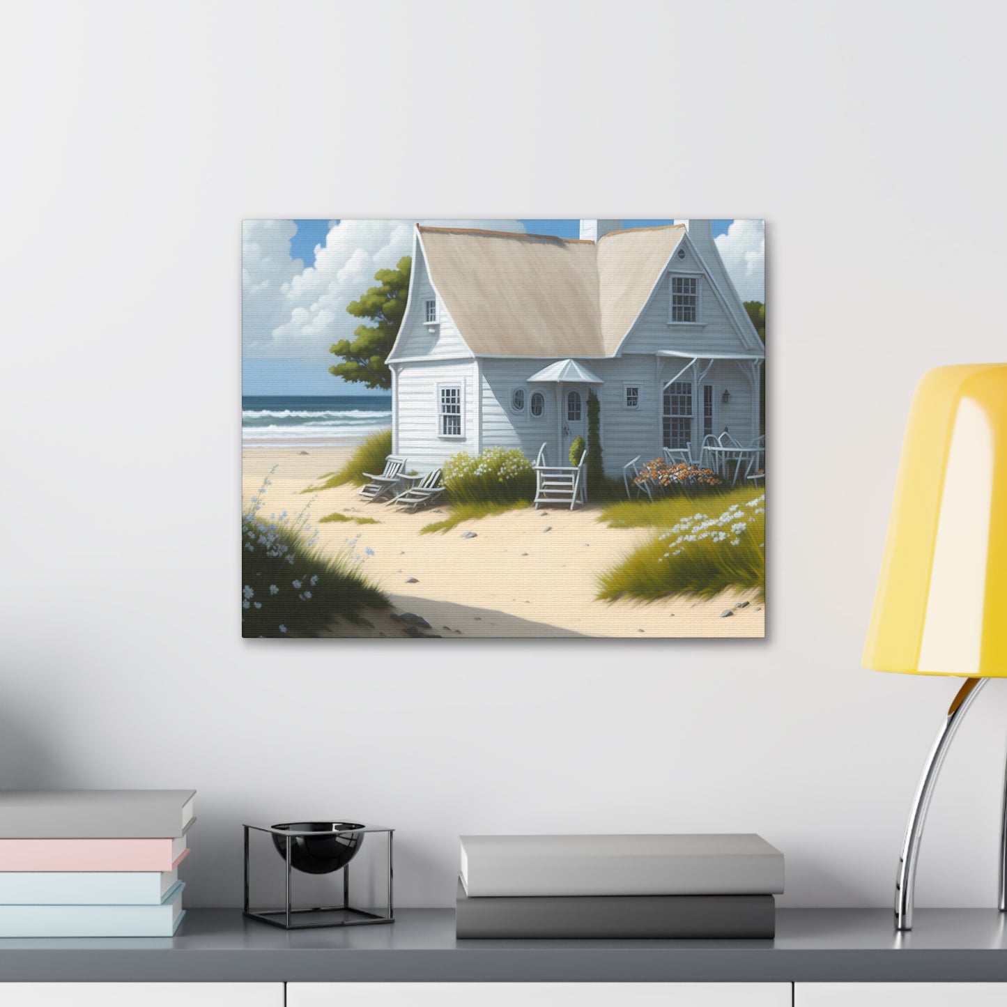 Coastal Retreat: Beach Cottage Canvas Wrap, Idyllic Coastal Landscapes, Serene Ocean Views, and Beachside Escapes, Sand Beaches.