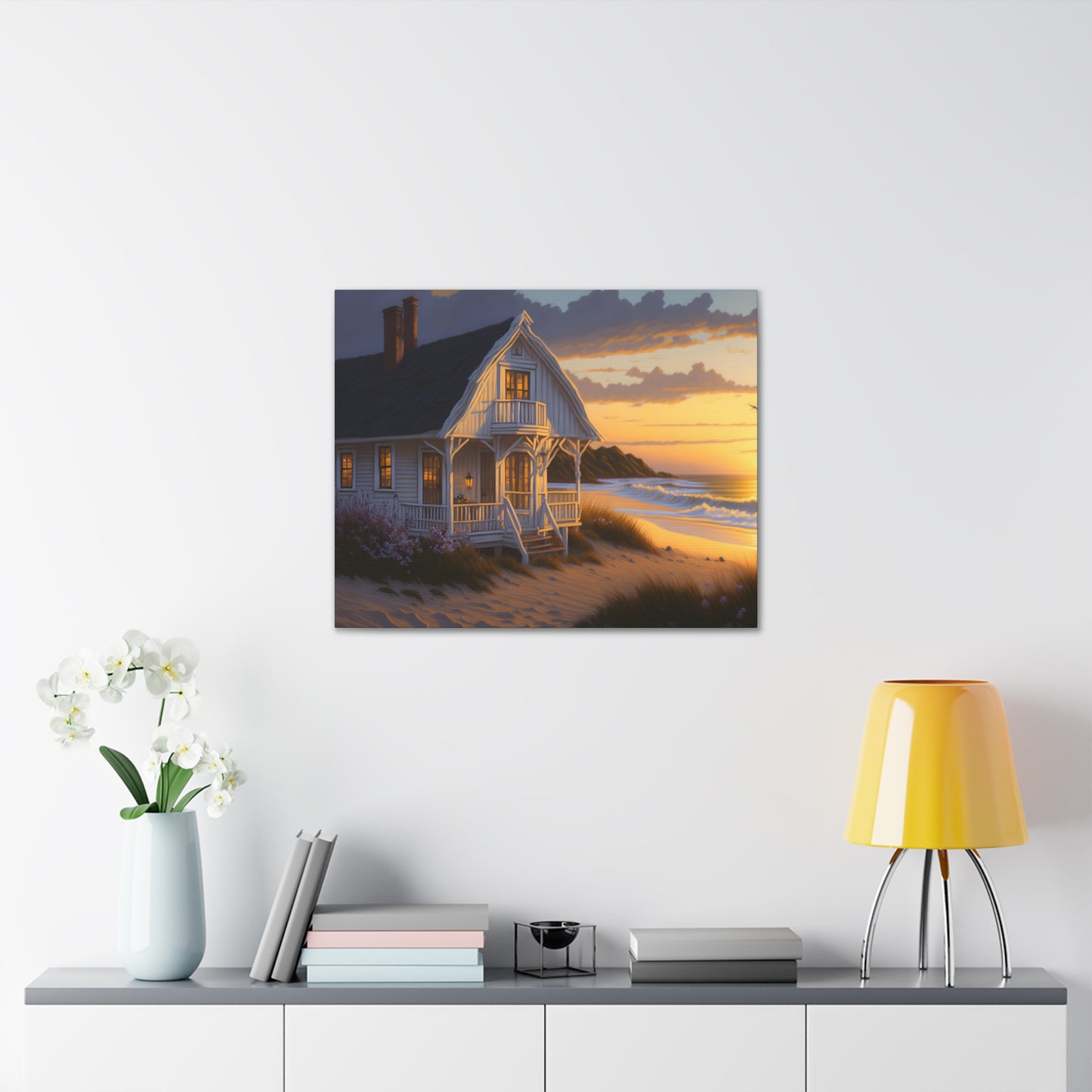 Coastal Retreat: Beach Cottage Canvas Wrap, Idyllic Coastal Landscapes, Serene Ocean Views, and Beachside Escapes, Sand Beaches.