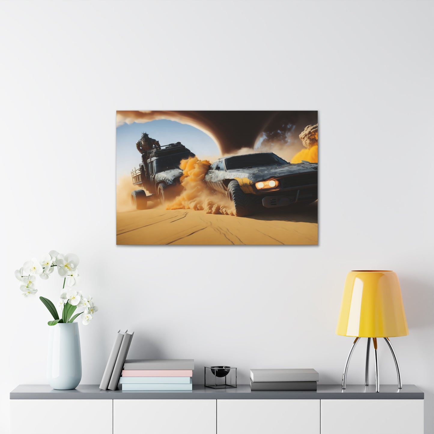 Apocalyptic Desert Chase Canvas Wall Art, Mad Max Style Vehicle Duel with Twister, Bold Living Room Decor, Adventure Seeker Gift