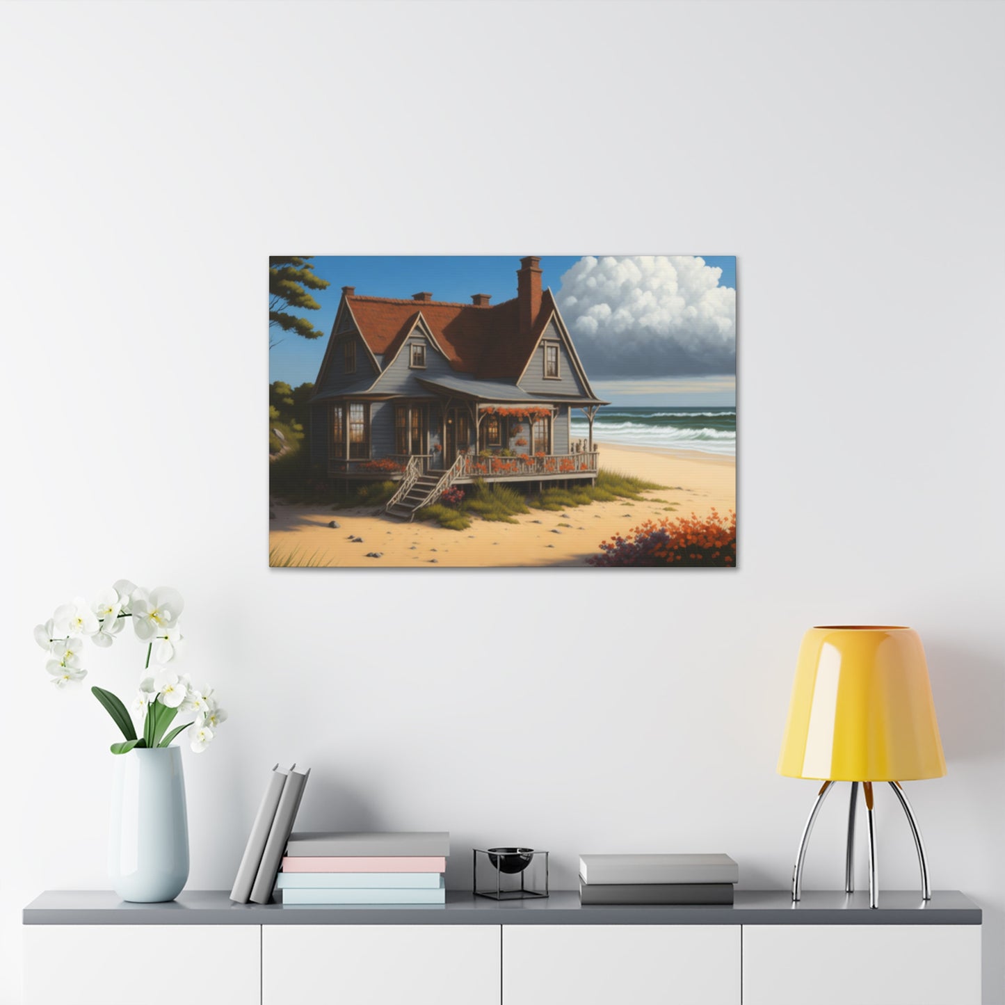 Coastal Retreat: Beach Cottage Canvas Wrap, Idyllic Coastal Landscapes, Serene Ocean Views, and Beachside Escapes, Sand Beaches.