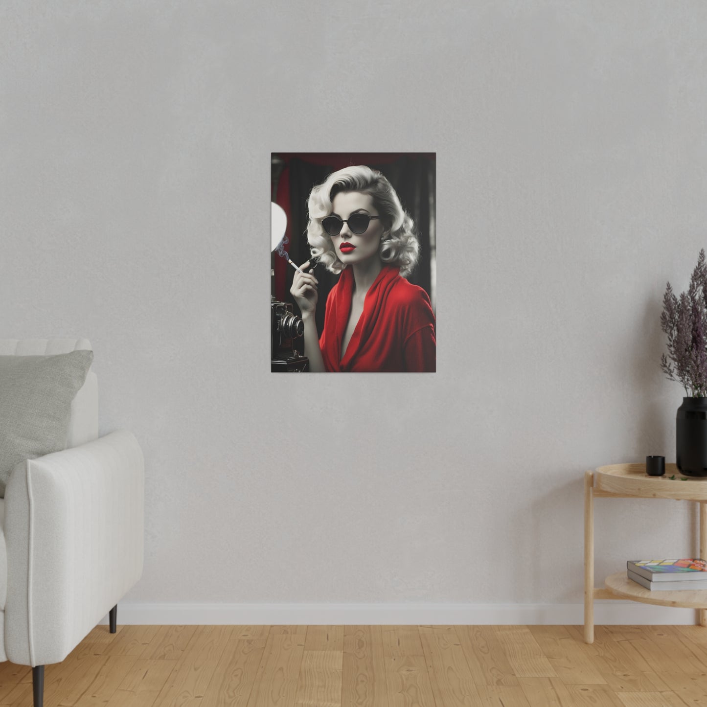 Classic Hollywood Glamour - Timeless Beauty in Red Canvas Print - Vintage-Inspired Starlet with Camera - Available from 8x10 to 32x48 inches