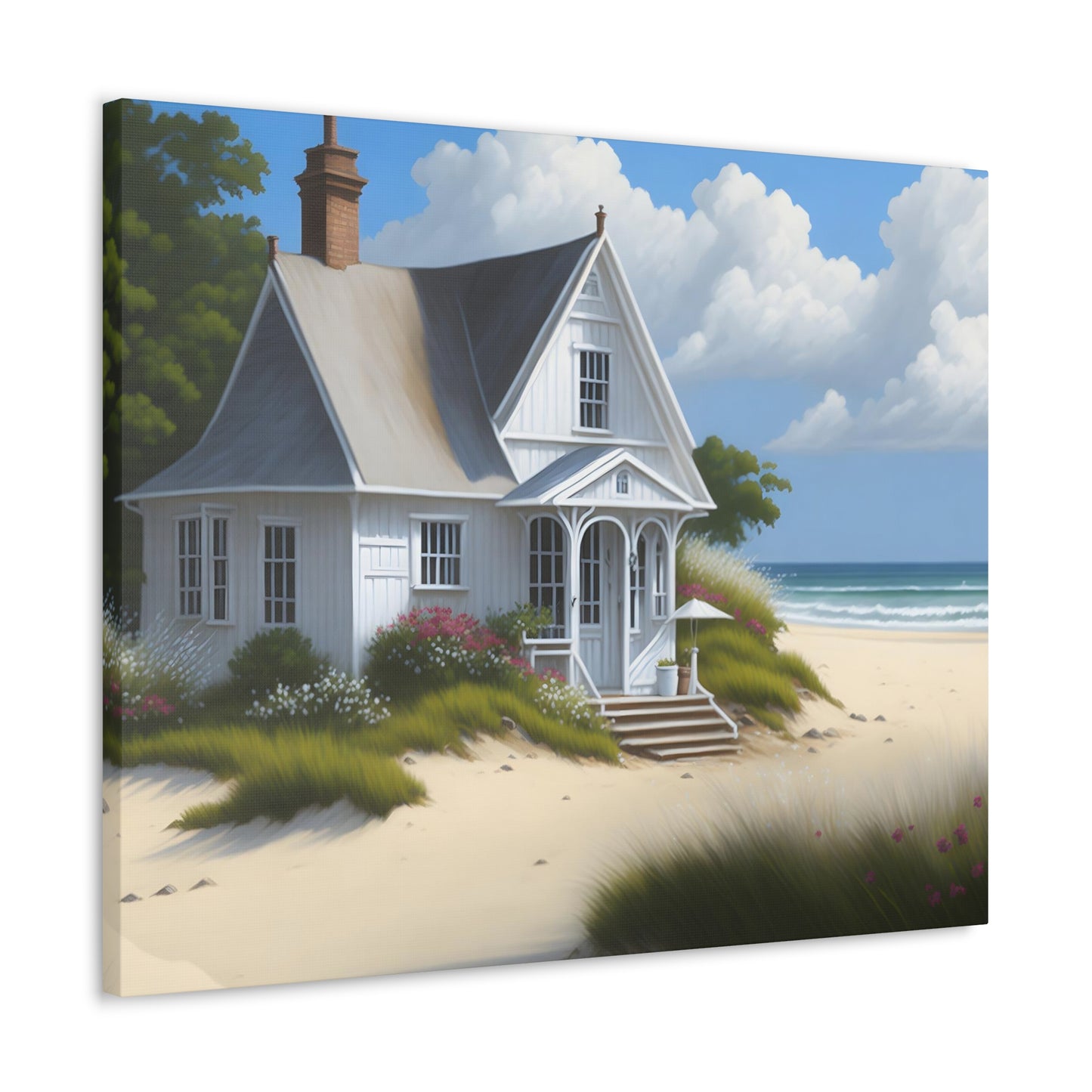 Coastal Retreat: Beach Cottage Canvas Wrap, Idyllic Coastal Landscapes, Serene Ocean Views, and Beachside Escapes, Sand Beaches.