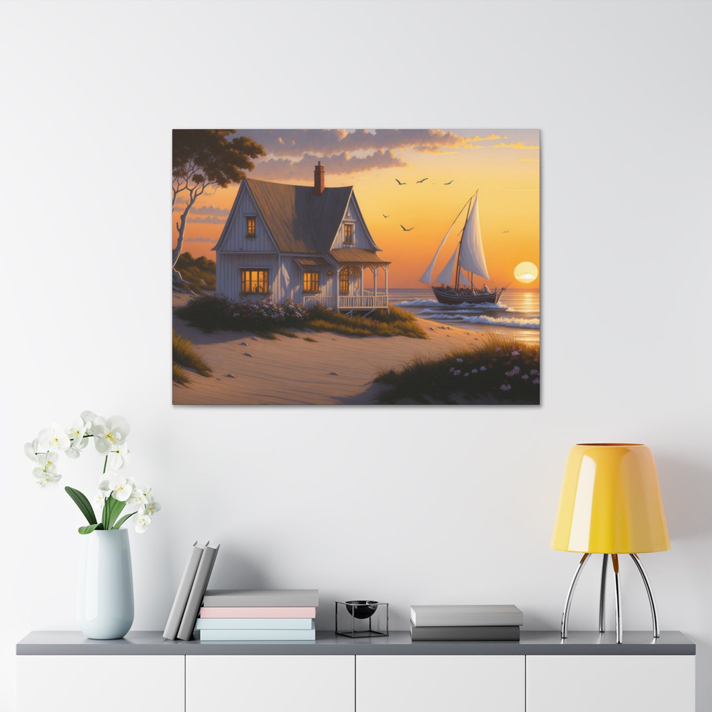 Coastal Retreat: Beach Cottage Canvas Wrap, Idyllic Coastal Landscapes, Serene Ocean Views, and Beachside Escapes, Sandy Beaches.