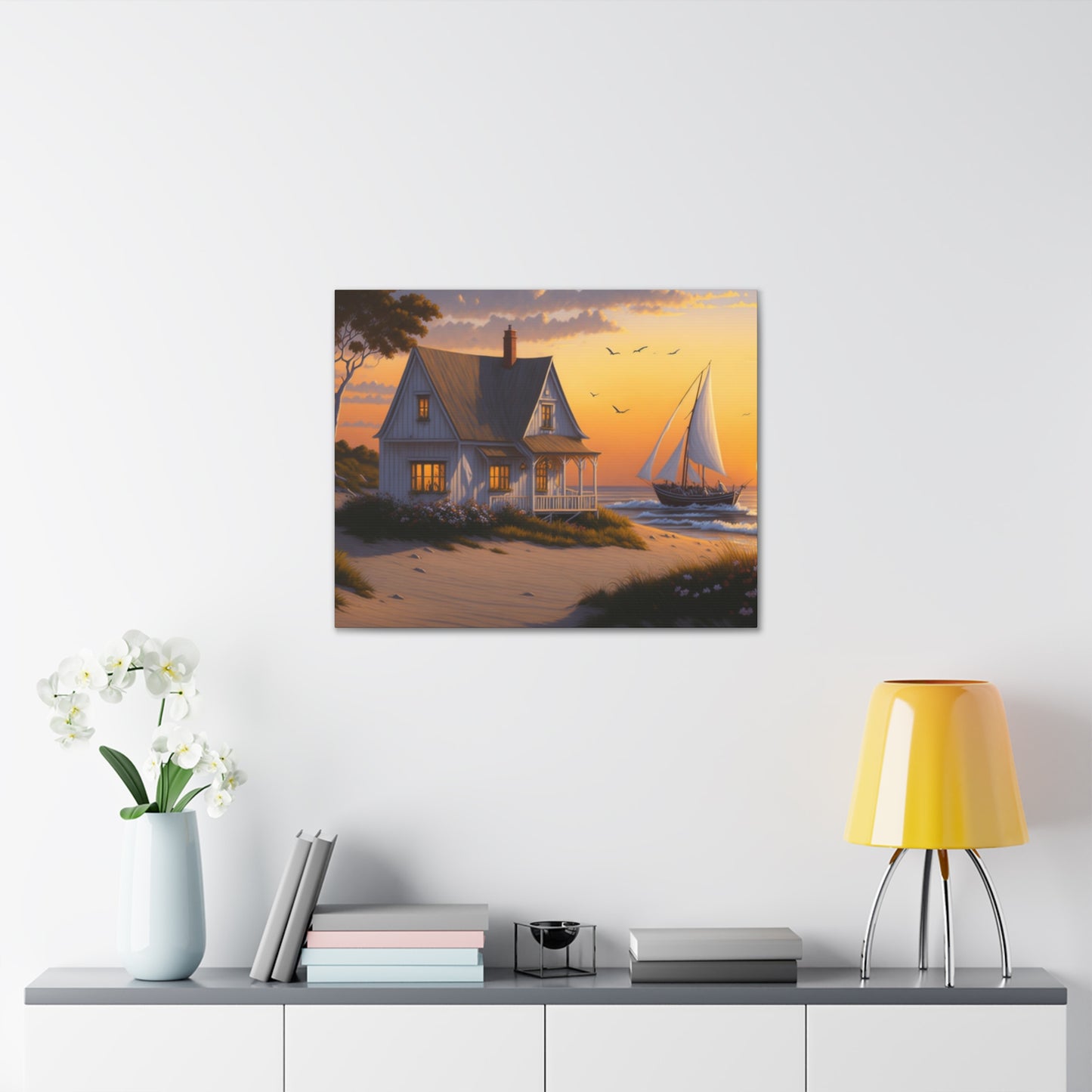 Coastal Retreat: Beach Cottage Canvas Wrap, Idyllic Coastal Landscapes, Serene Ocean Views, and Beachside Escapes, Sandy Beaches.