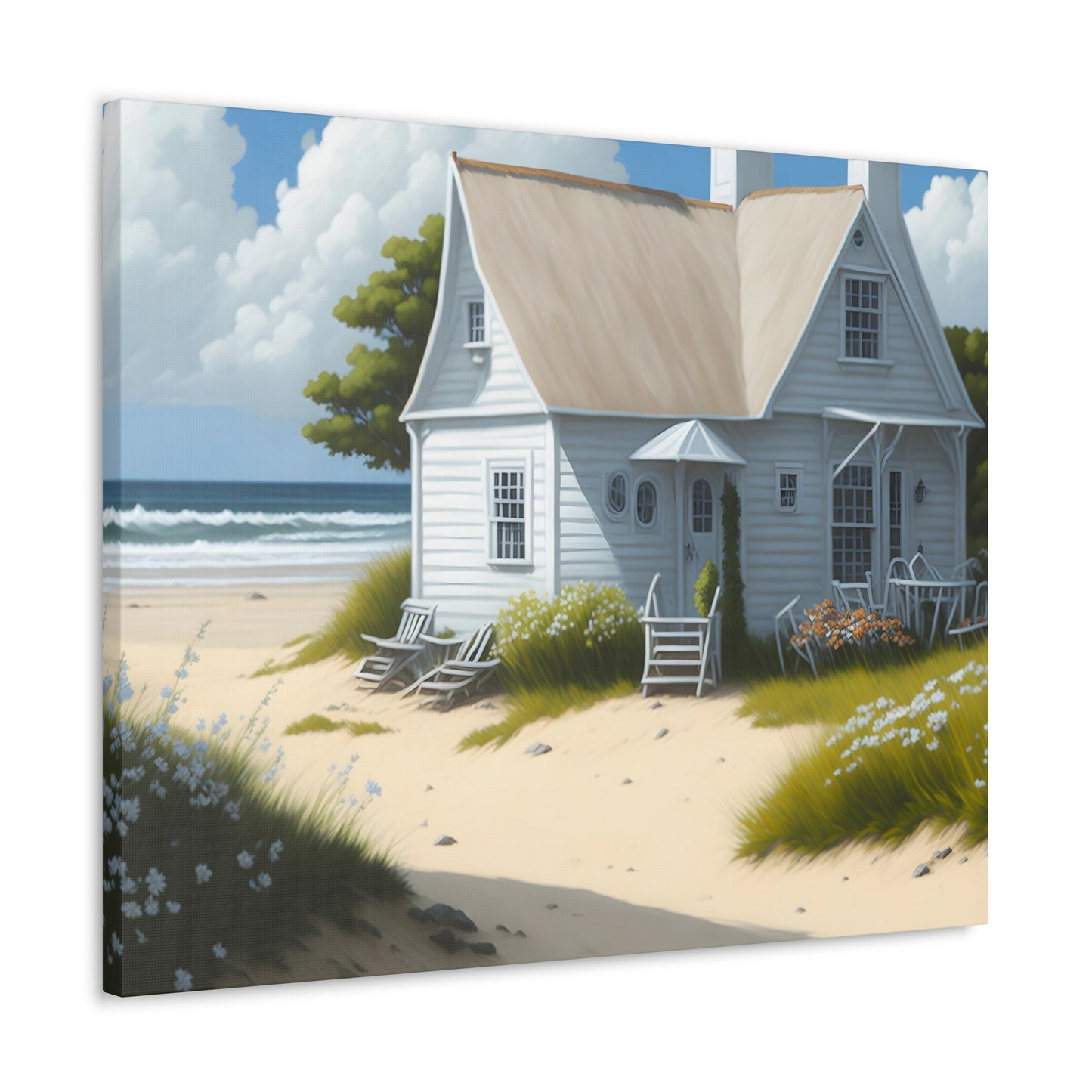 Coastal Retreat: Beach Cottage Canvas Wrap, Idyllic Coastal Landscapes, Serene Ocean Views, and Beachside Escapes, Sand Beaches.