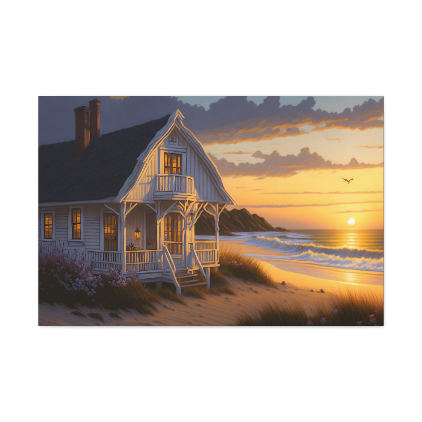 Coastal Retreat: Beach Cottage Canvas Wrap, Idyllic Coastal Landscapes, Serene Ocean Views, and Beachside Escapes, Sand Beaches.