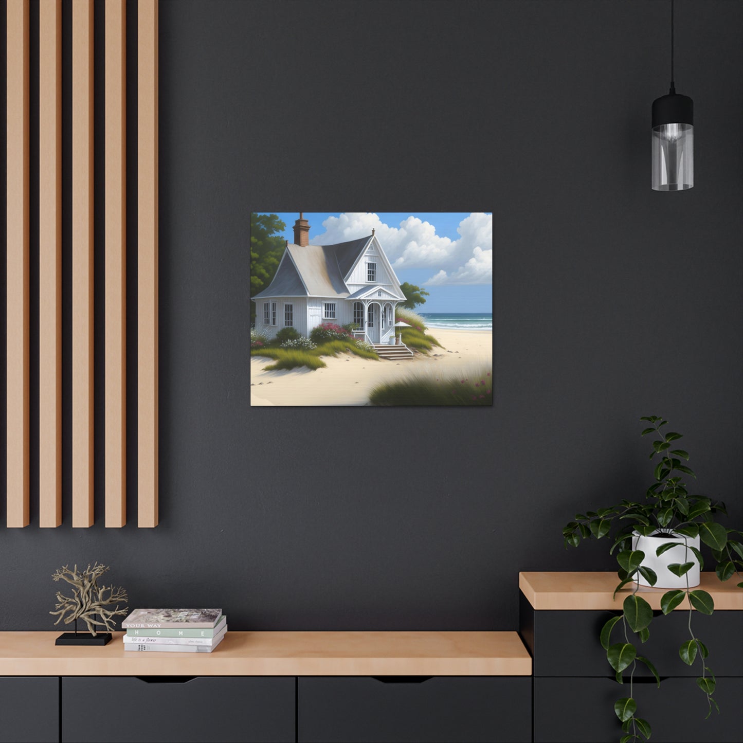 Coastal Retreat: Beach Cottage Canvas Wrap, Idyllic Coastal Landscapes, Serene Ocean Views, and Beachside Escapes, Sand Beaches.