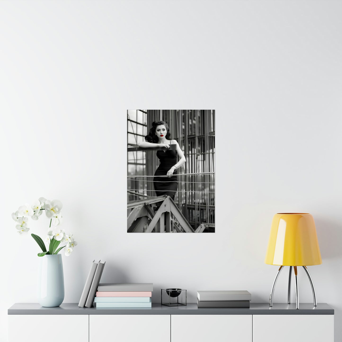 1950s-Inspired Monochrome Model Poster with Bold Red Lips - Retro Pin-Up Wall Art for Vintage Fashion Enthusiasts, Black and White Print