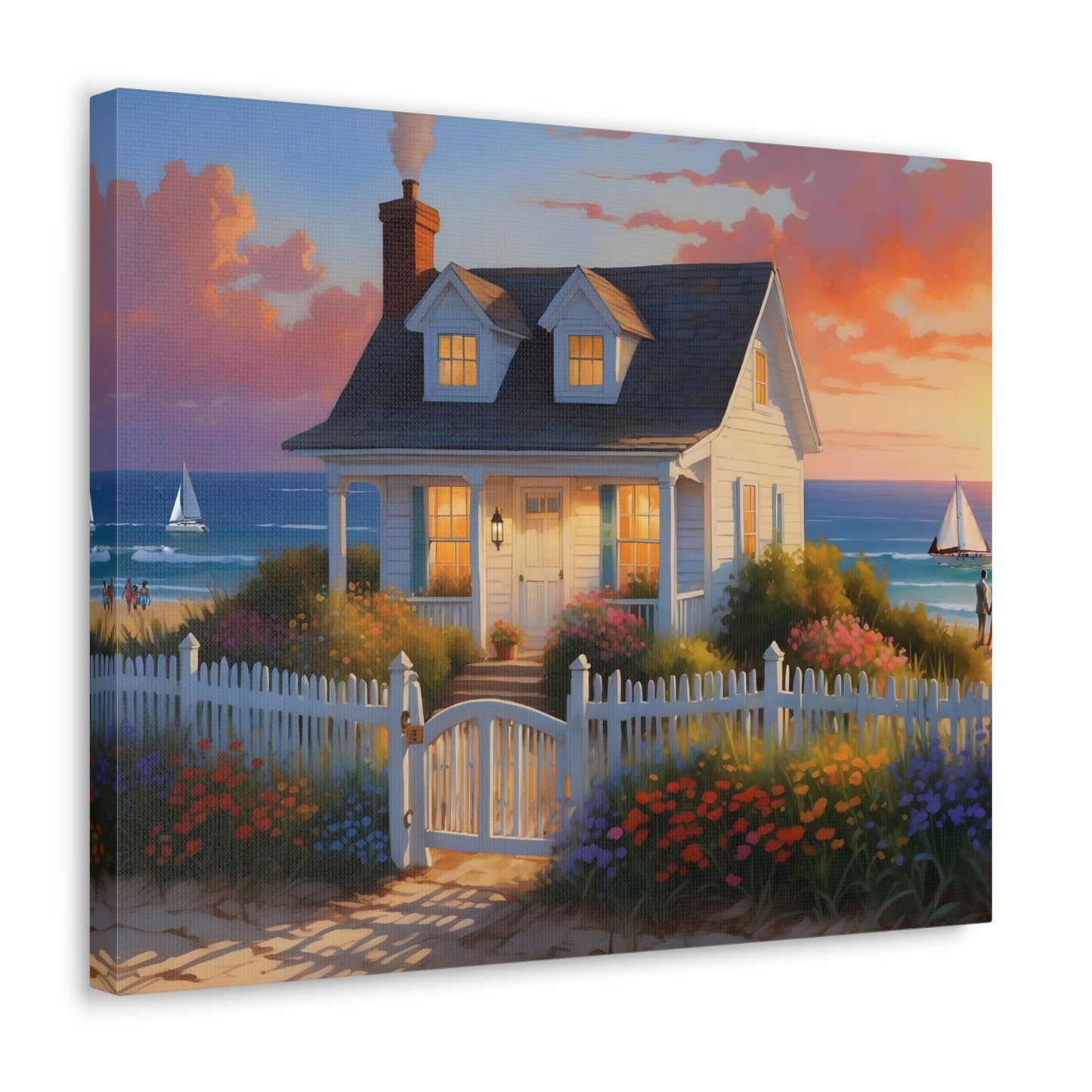 Sunset Beach Cottage Canvas Print | Coastal Wall Art | Six Sizes Available | Perfect for Home Décor | Ocean Painting | Seaside Retreat