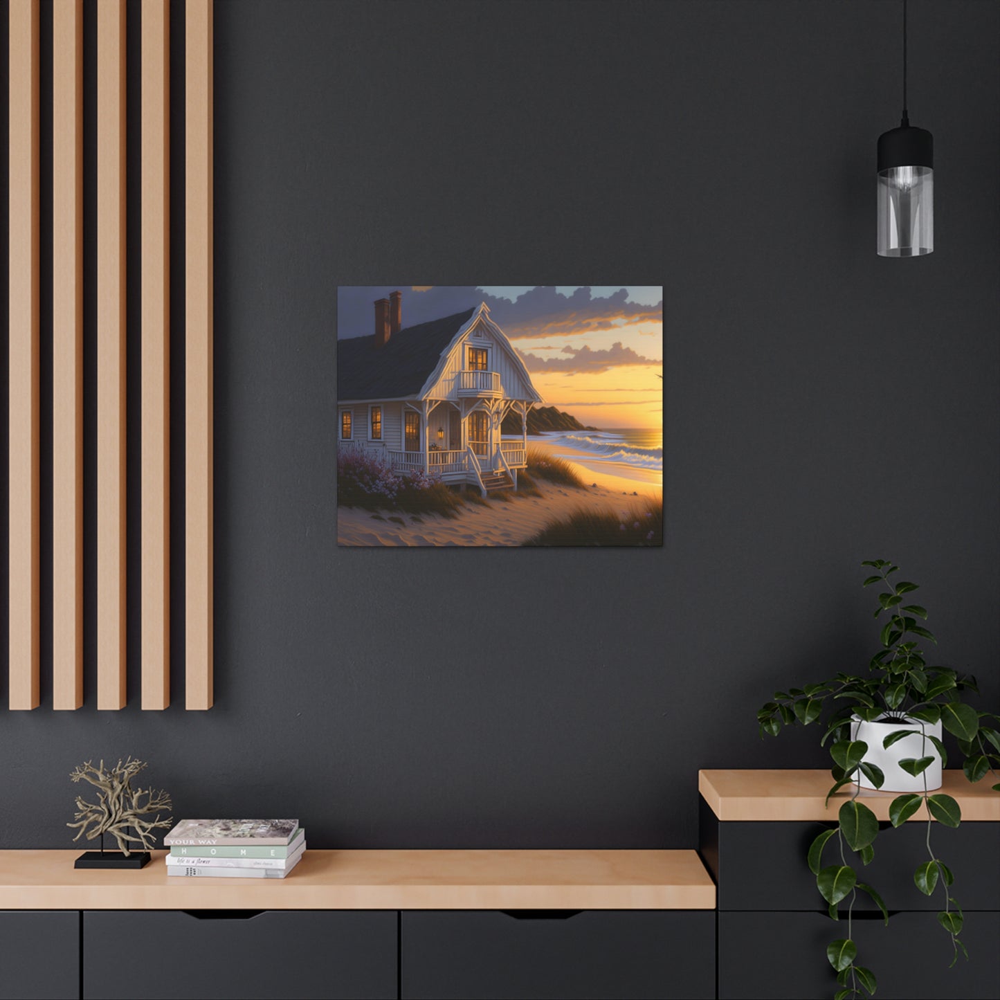 Coastal Retreat: Beach Cottage Canvas Wrap, Idyllic Coastal Landscapes, Serene Ocean Views, and Beachside Escapes, Sand Beaches.