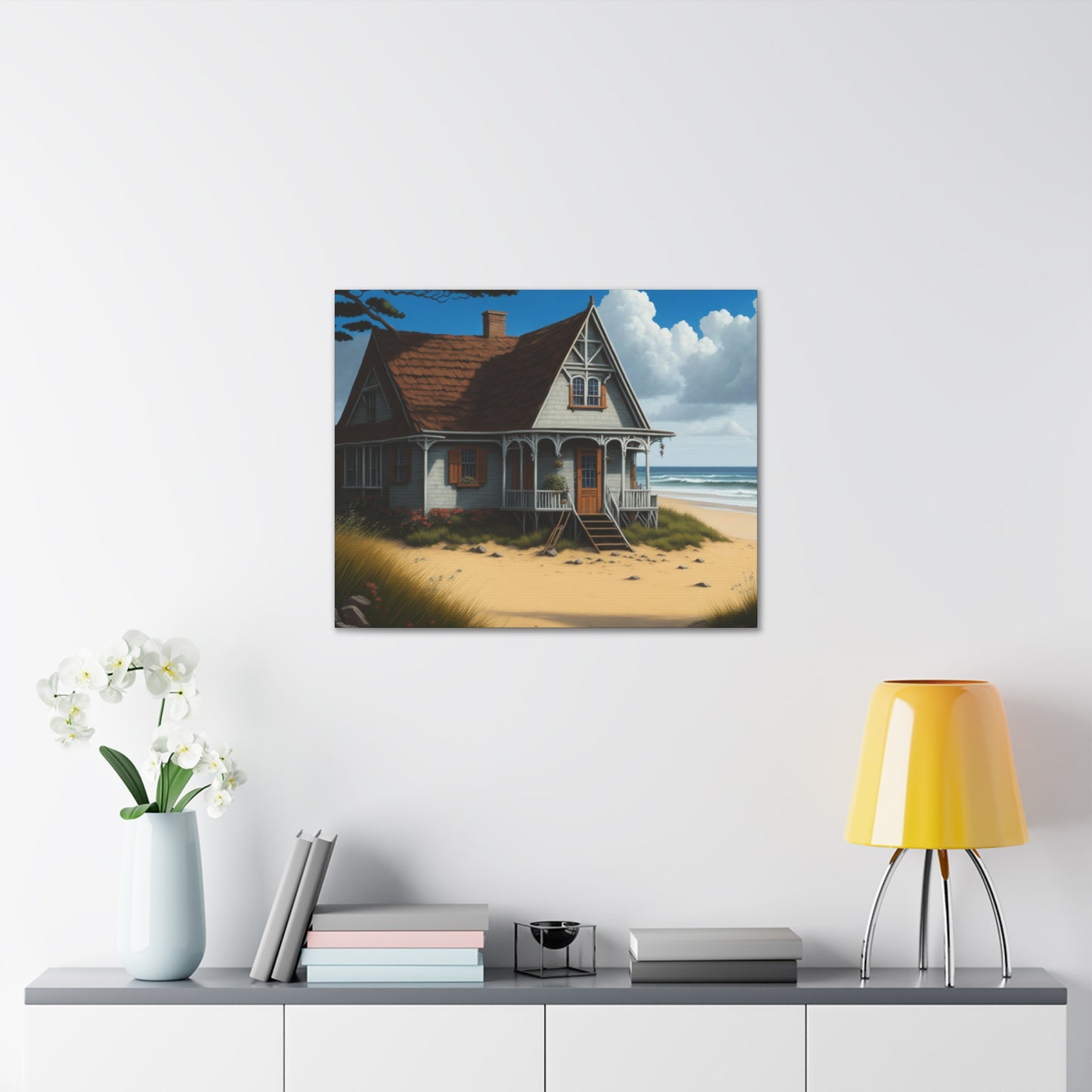 Coastal Retreat: Beach Cottage Canvas Wrap, Idyllic Coastal Landscapes, Serene Ocean Views, and Beachside Escapes, Sand Beaches.