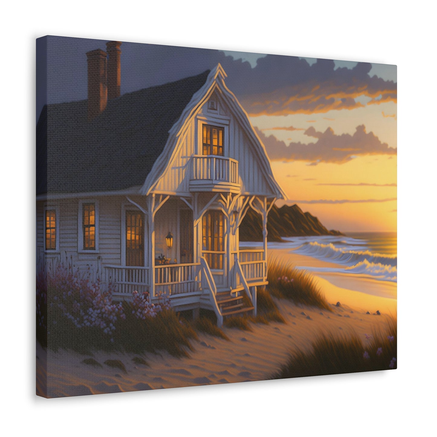 Coastal Retreat: Beach Cottage Canvas Wrap, Idyllic Coastal Landscapes, Serene Ocean Views, and Beachside Escapes, Sand Beaches.