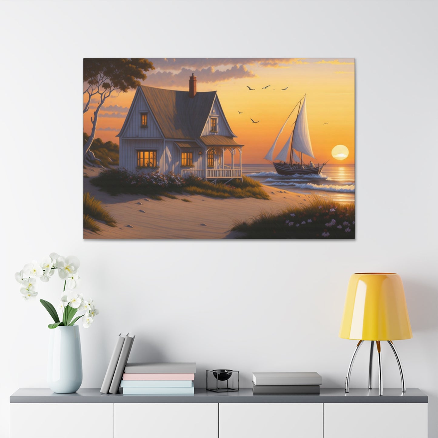 Coastal Retreat: Beach Cottage Canvas Wrap, Idyllic Coastal Landscapes, Serene Ocean Views, and Beachside Escapes, Sandy Beaches.