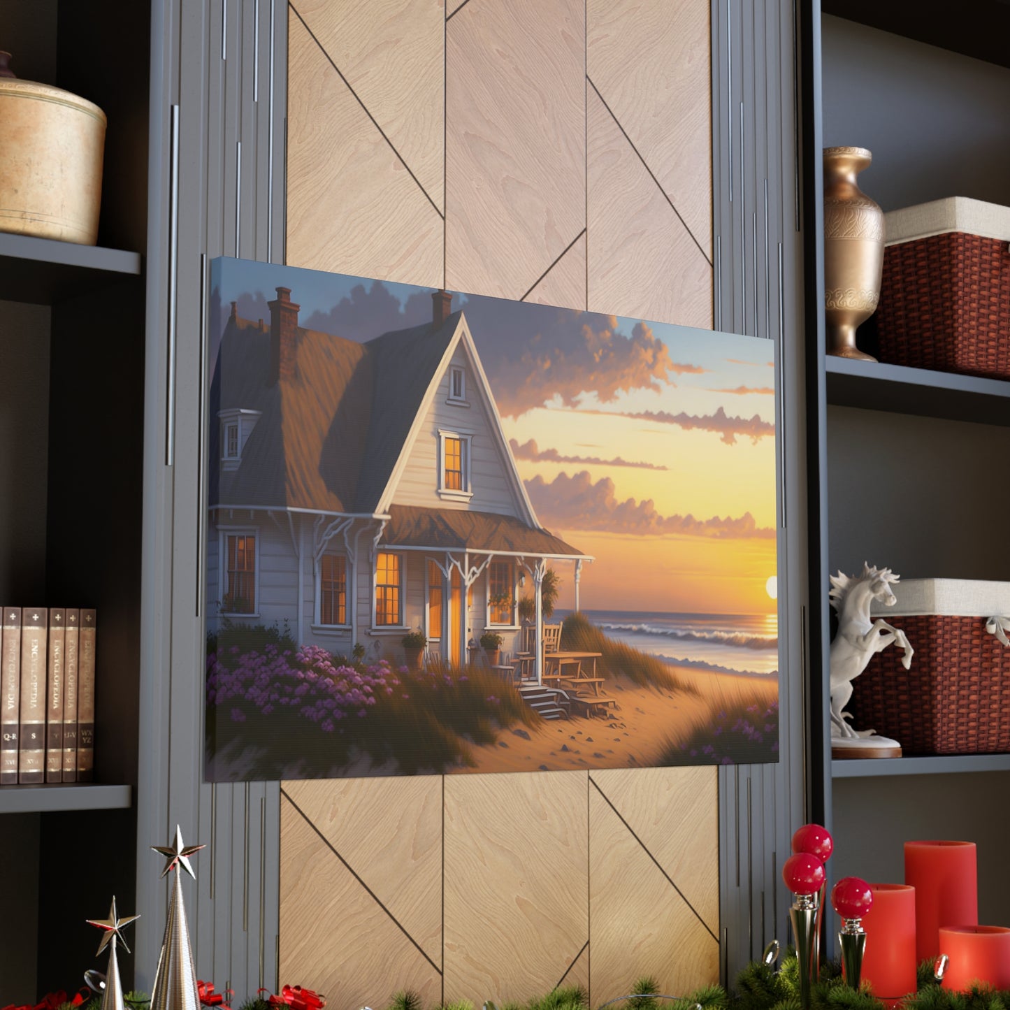 Coastal Retreat: Beach Cottage Canvas Wrap, Idyllic Coastal Landscapes, Serene Ocean Views, and Beachside Escapes Canvas Wrap Art