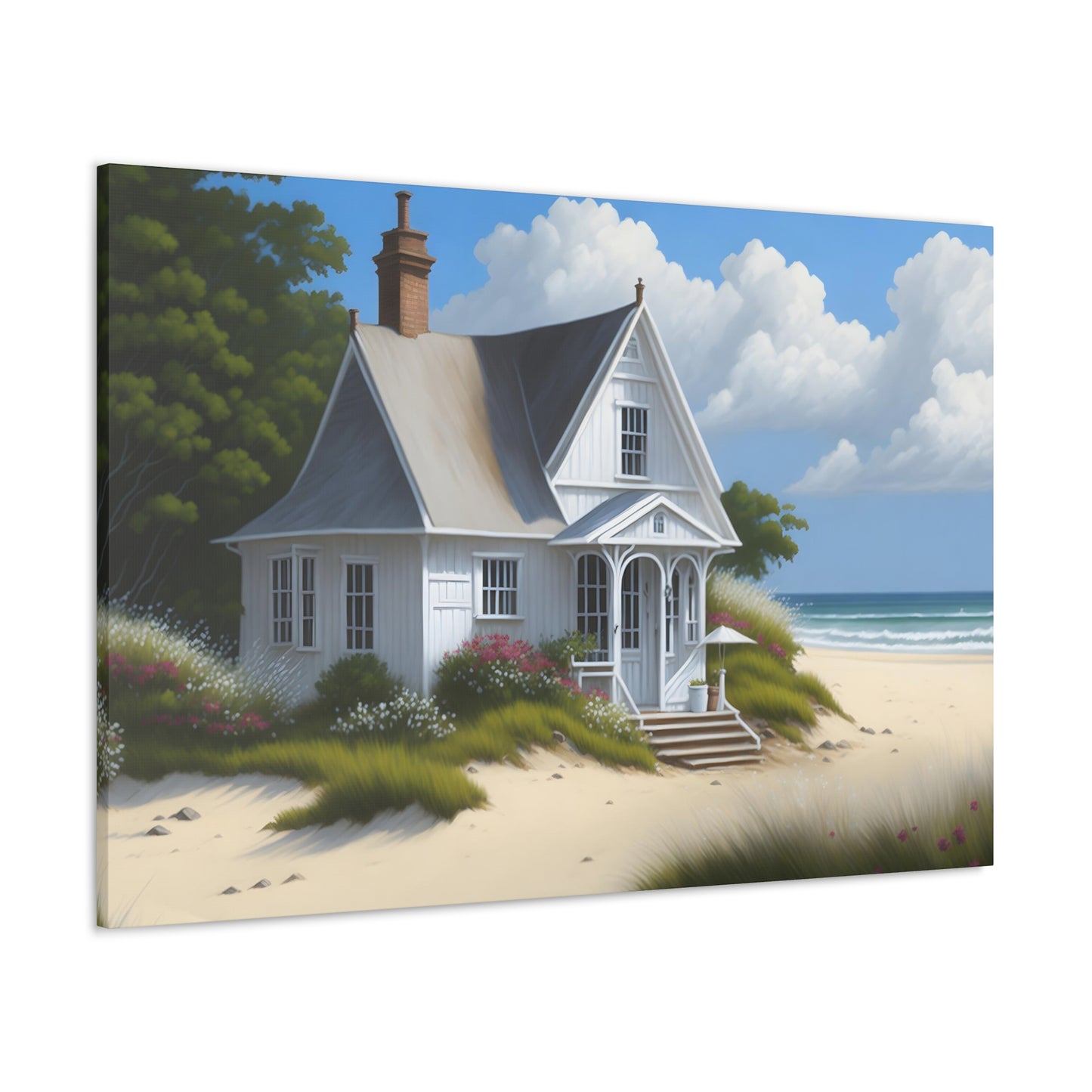 Coastal Retreat: Beach Cottage Canvas Wrap, Idyllic Coastal Landscapes, Serene Ocean Views, and Beachside Escapes, Sand Beaches.