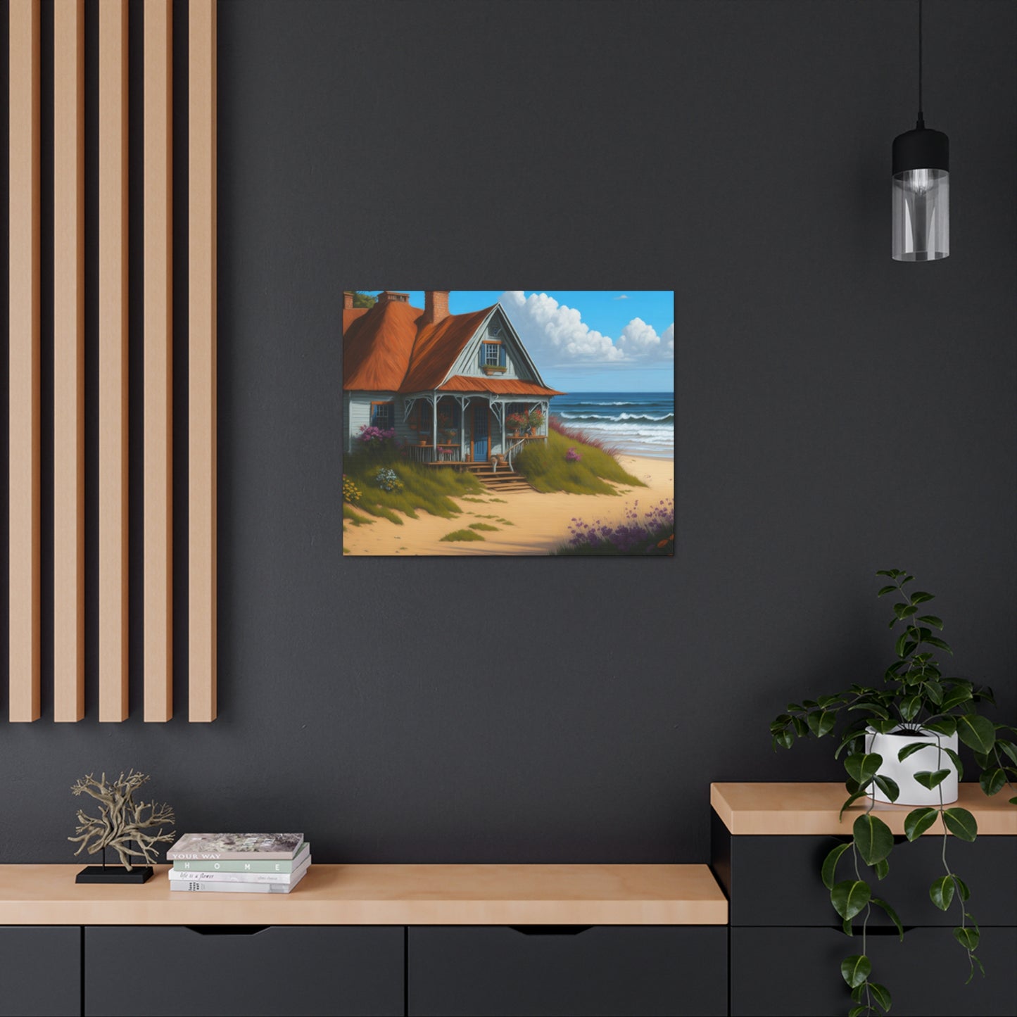 Coastal Retreat: Beach Cottage Canvas Wrap, Idyllic Coastal Landscapes, Serene Ocean Views, and Beachside Escapes, Sand Beaches.