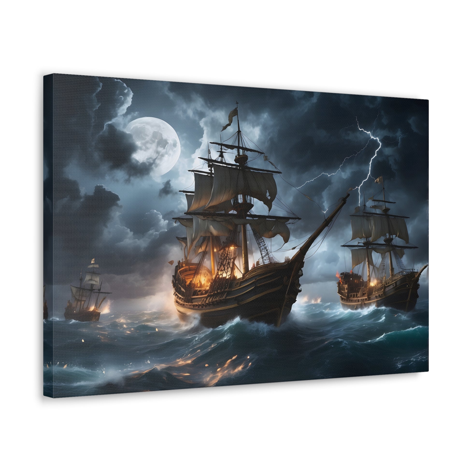 A canvas wrapped print  with the image of vintage tall ships in a battle at sea during a intense storm. 