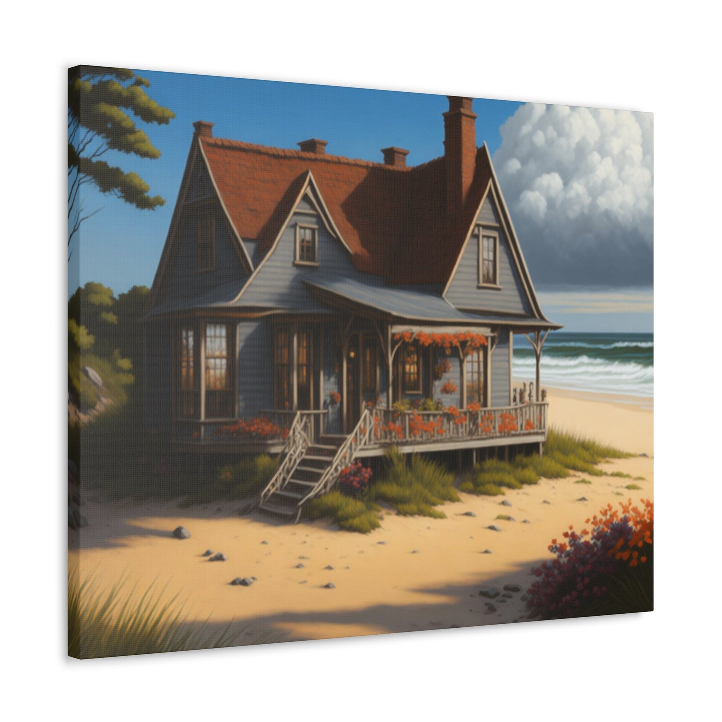 Coastal Retreat: Beach Cottage Canvas Wrap, Idyllic Coastal Landscapes, Serene Ocean Views, and Beachside Escapes, Sand Beaches.