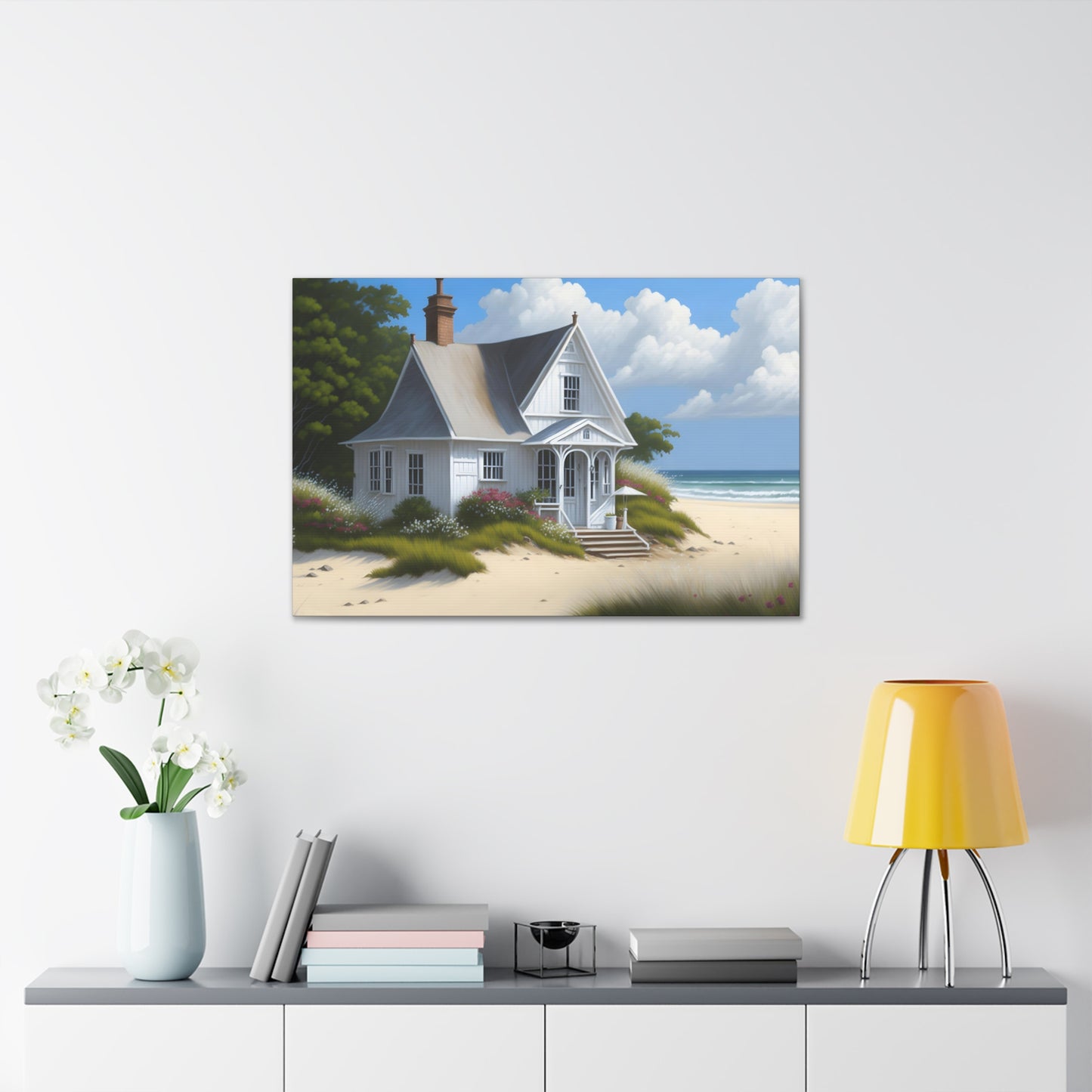 Coastal Retreat: Beach Cottage Canvas Wrap, Idyllic Coastal Landscapes, Serene Ocean Views, and Beachside Escapes, Sand Beaches.