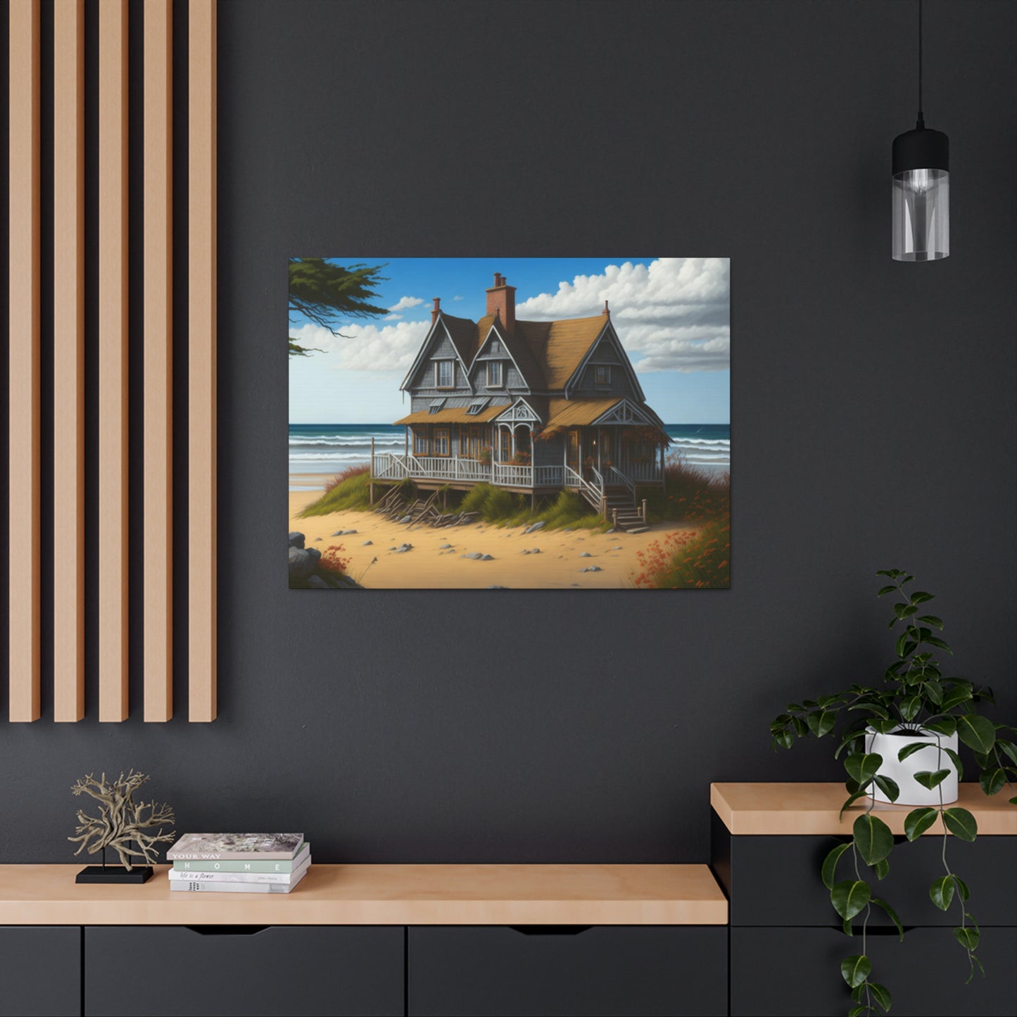 Coastal Retreat: Beach Cottage Canvas Wrap, Idyllic Coastal Landscapes, Serene Ocean Views, and Beachside Escapes, Sand Beaches.