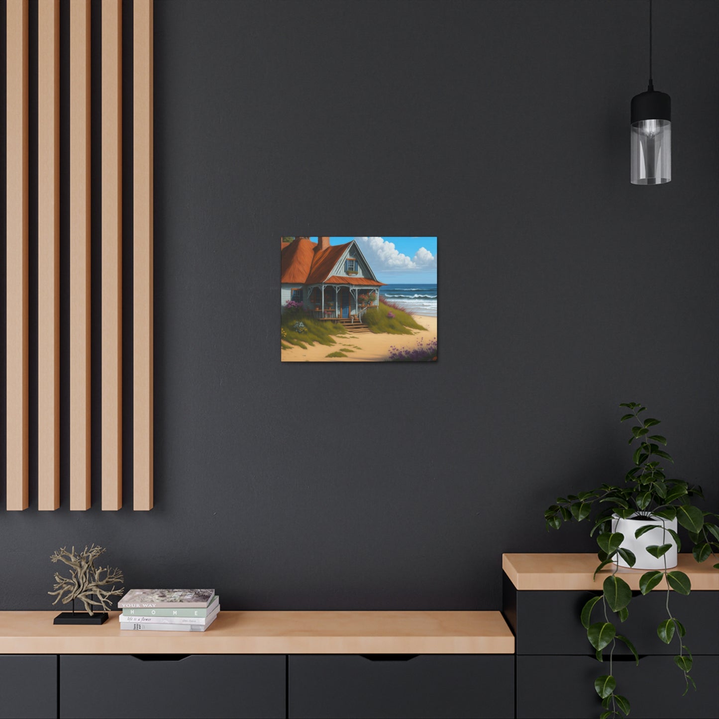 Coastal Retreat: Beach Cottage Canvas Wrap, Idyllic Coastal Landscapes, Serene Ocean Views, and Beachside Escapes, Sand Beaches.