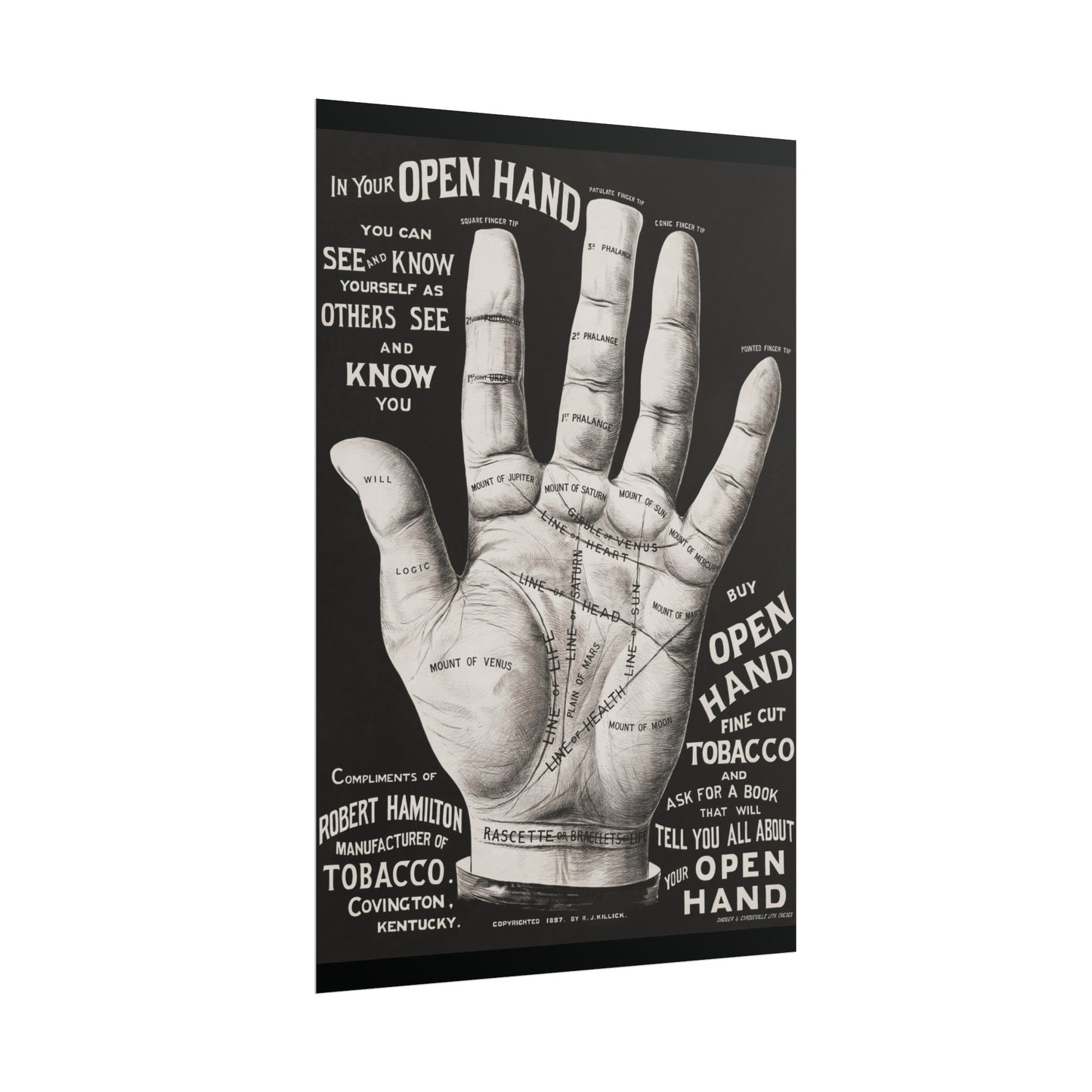 Vintage Palmistry Hand Poster | Open Hand Fine Cut Tobacco | Five Sizes Available | Retro Wall Art | Occult Décor | 1887 Advertisement