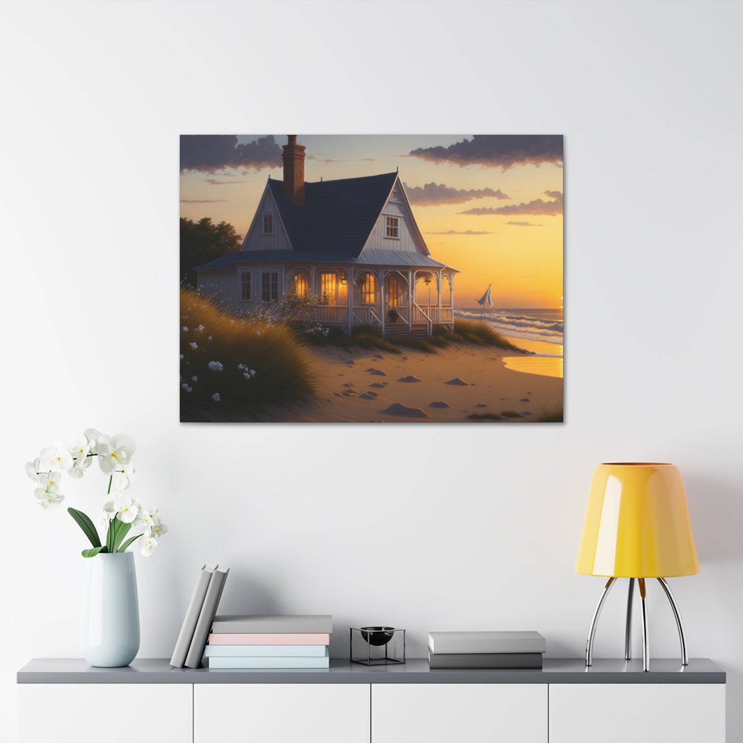 Coastal Retreat: Beach Cottage Canvas Wrap, Idyllic Coastal Landscapes, Serene Ocean Views, and Beachside Escapes, Sand Beaches.