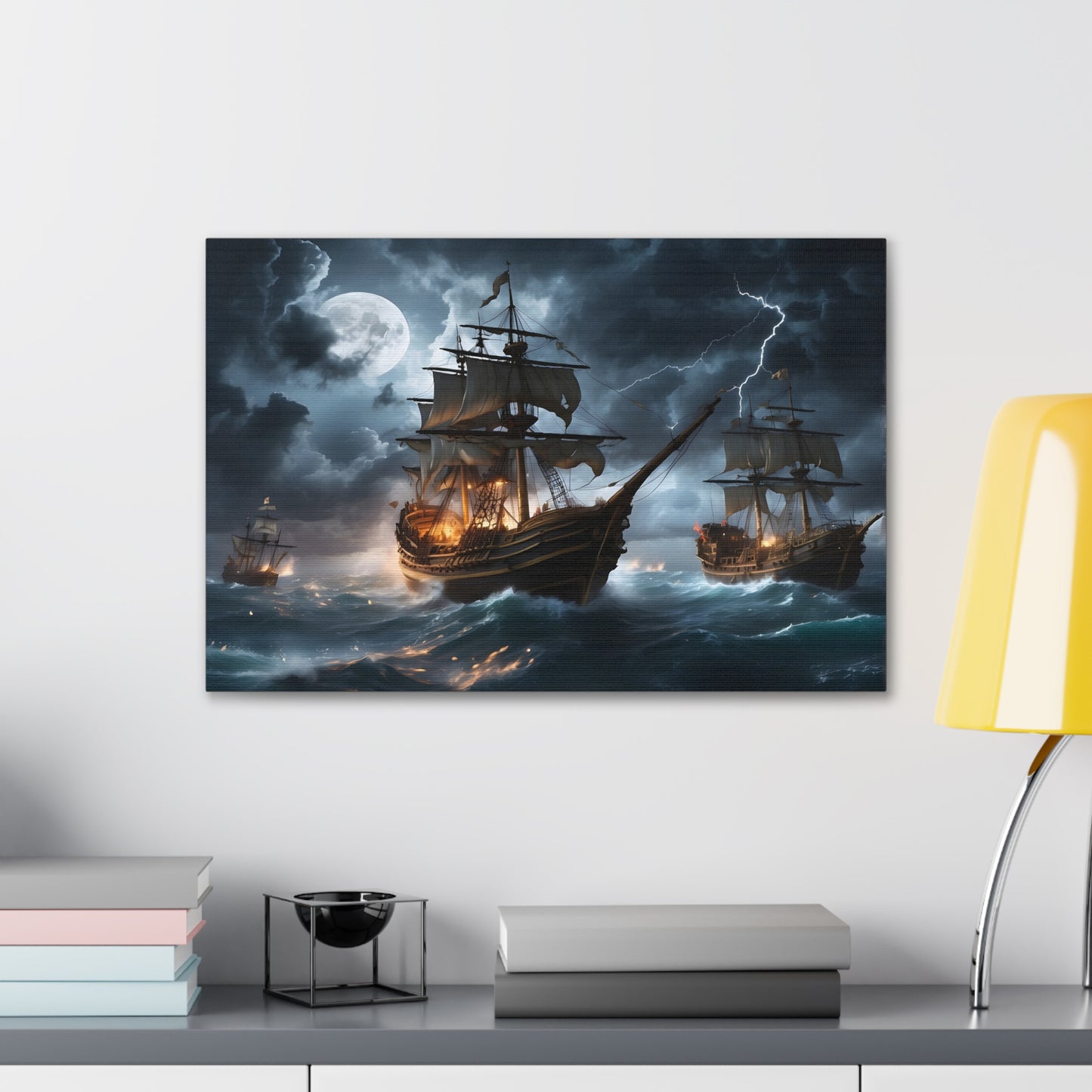 A canvas wrapped print  with the image of vintage tall ships in a battle at sea during a intense storm. 