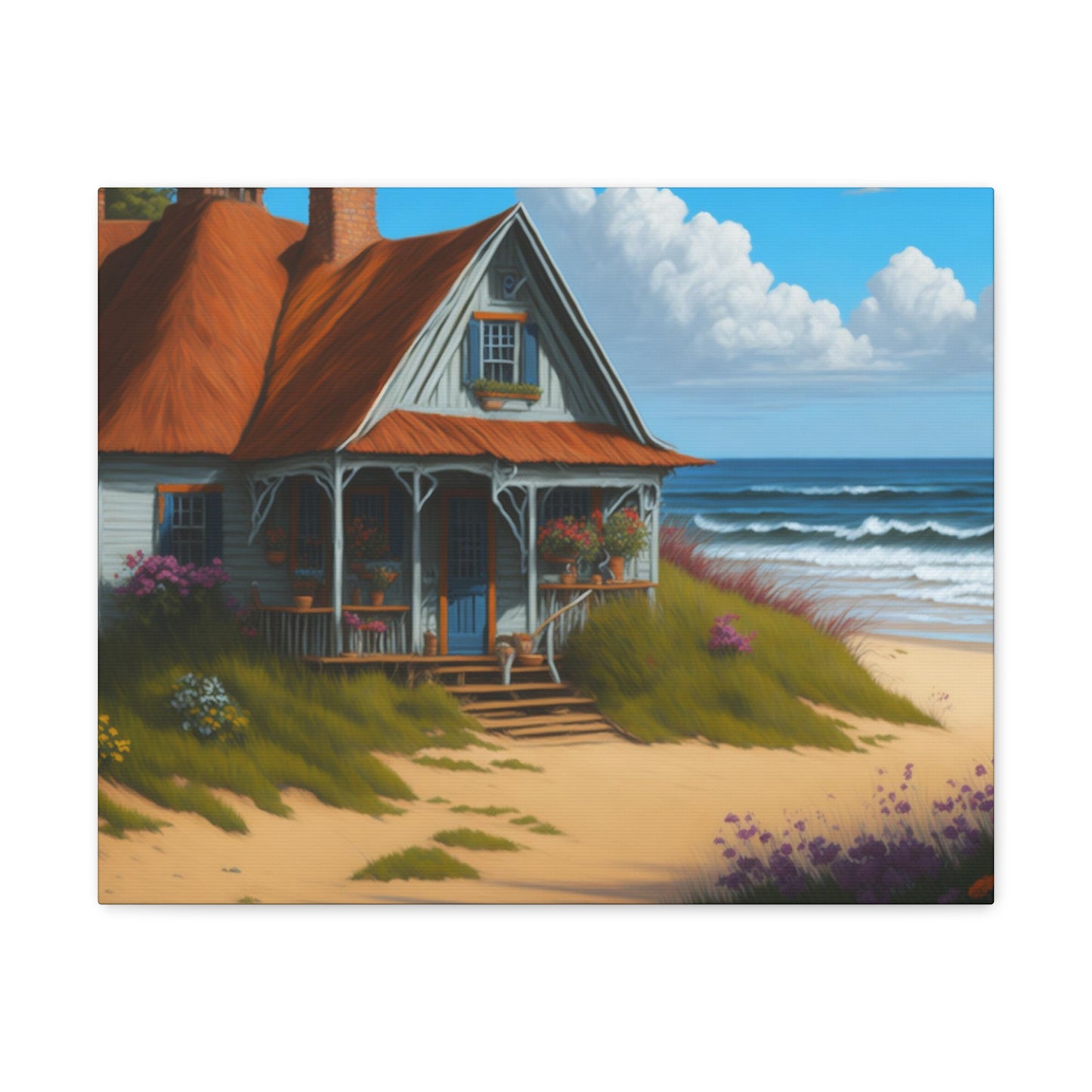 Coastal Retreat: Beach Cottage Canvas Wrap, Idyllic Coastal Landscapes, Serene Ocean Views, and Beachside Escapes, Sand Beaches.