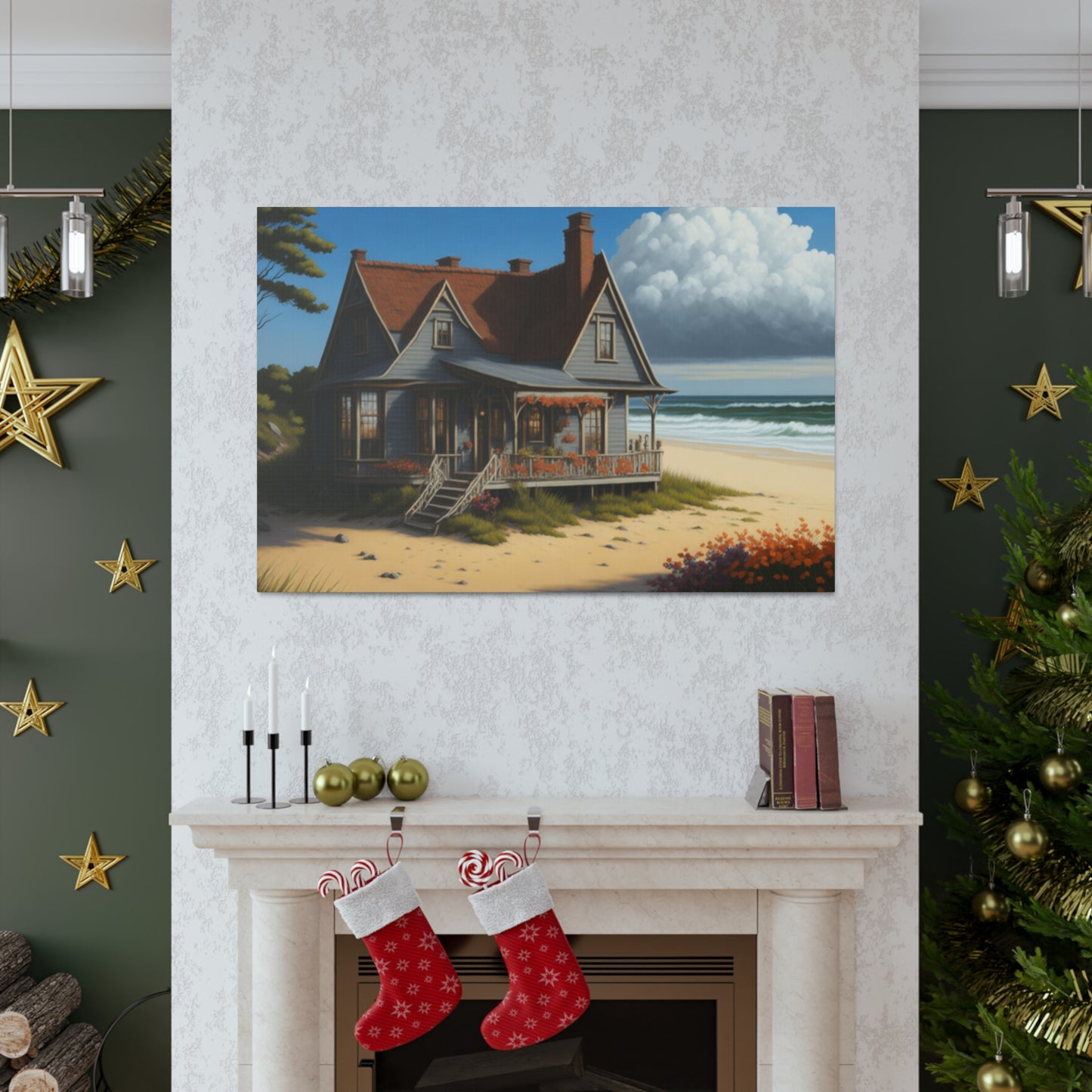 Coastal Retreat: Beach Cottage Canvas Wrap, Idyllic Coastal Landscapes, Serene Ocean Views, and Beachside Escapes, Sand Beaches.