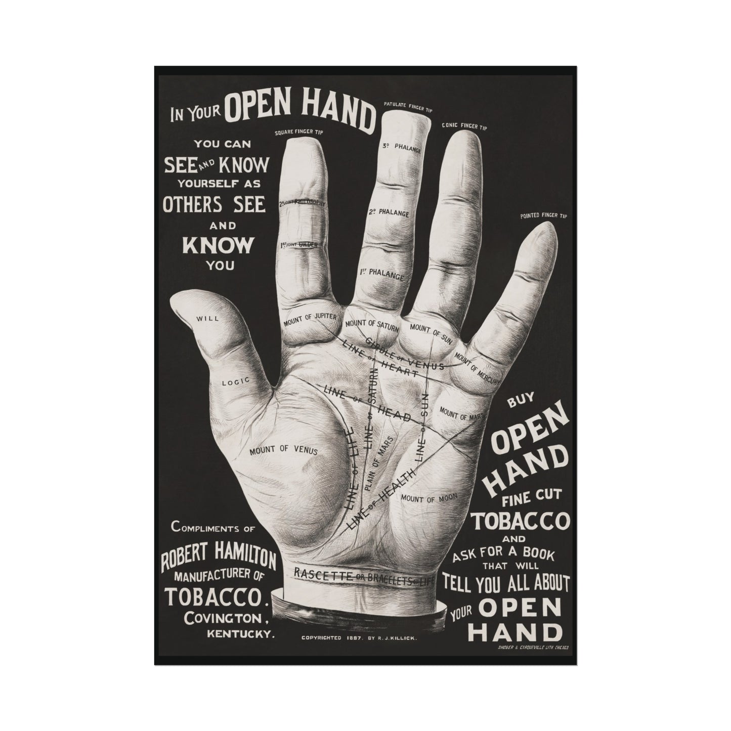 Vintage Palmistry Hand Poster | Open Hand Fine Cut Tobacco | Five Sizes Available | Retro Wall Art | Occult Décor | 1887 Advertisement