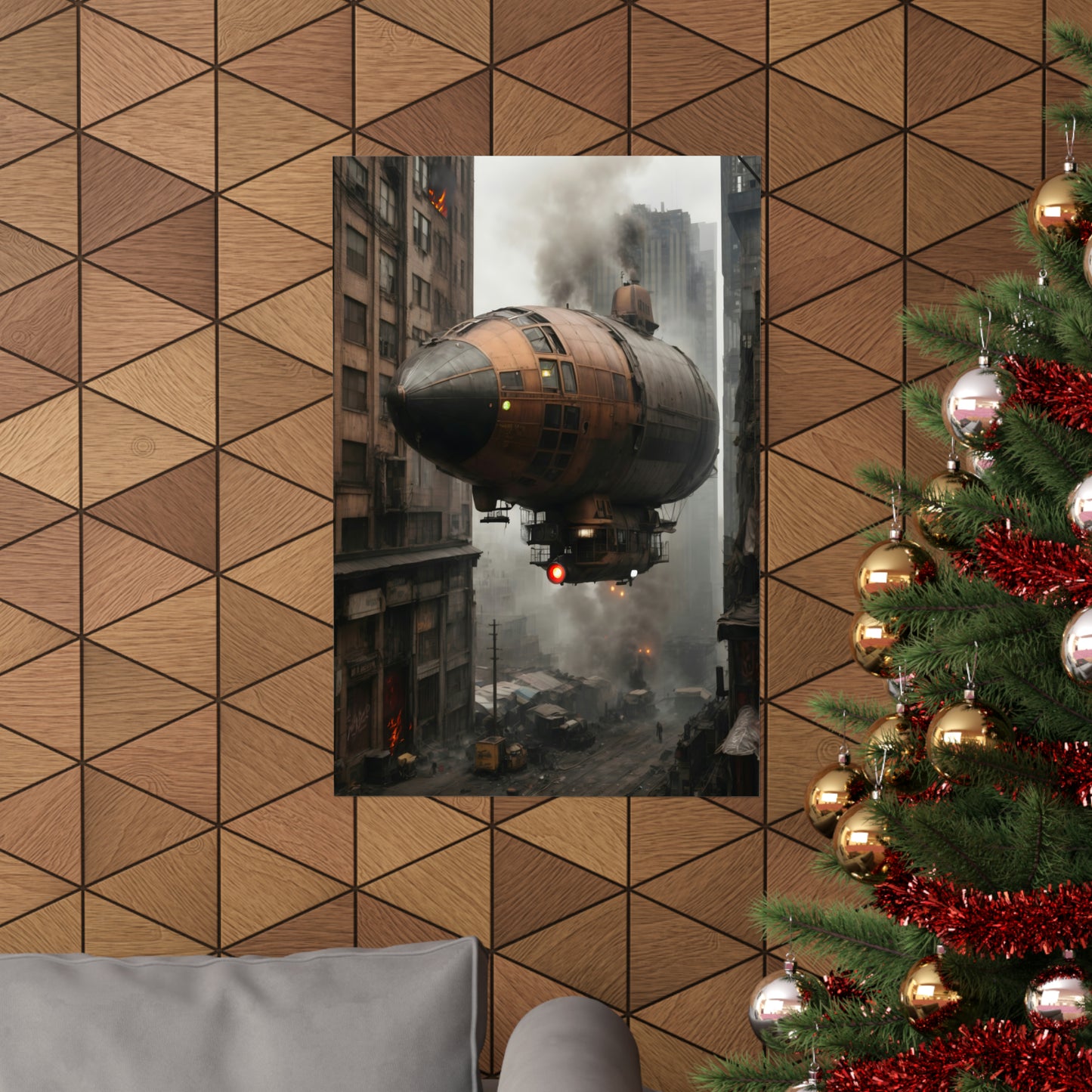 Steampunk Airship Poster - Dystopian Landscape Art Print - Wall Decor for Sci-Fi Enthusiasts - Great Gaming - Teen Room Decor