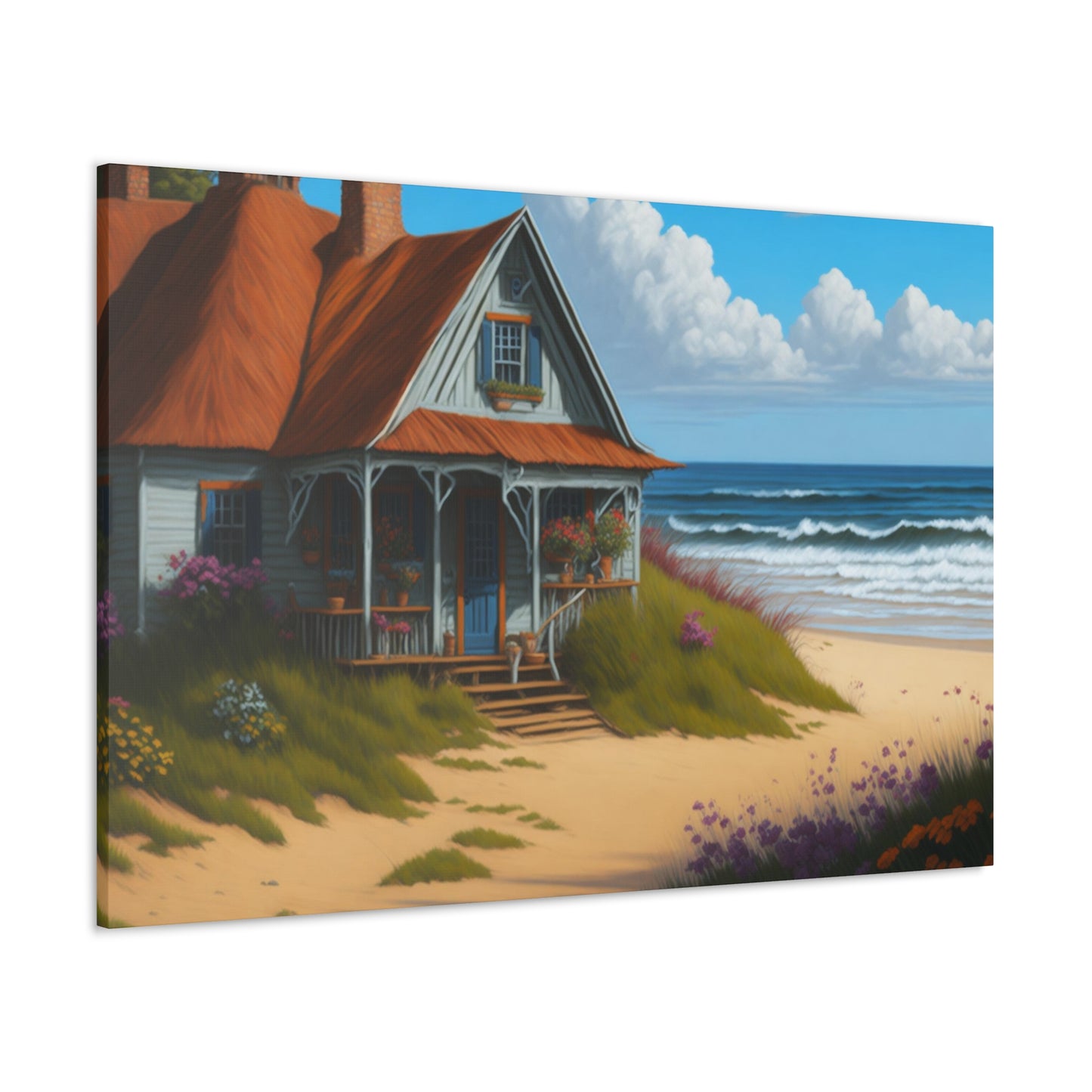 Coastal Retreat: Beach Cottage Canvas Wrap, Idyllic Coastal Landscapes, Serene Ocean Views, and Beachside Escapes, Sand Beaches.