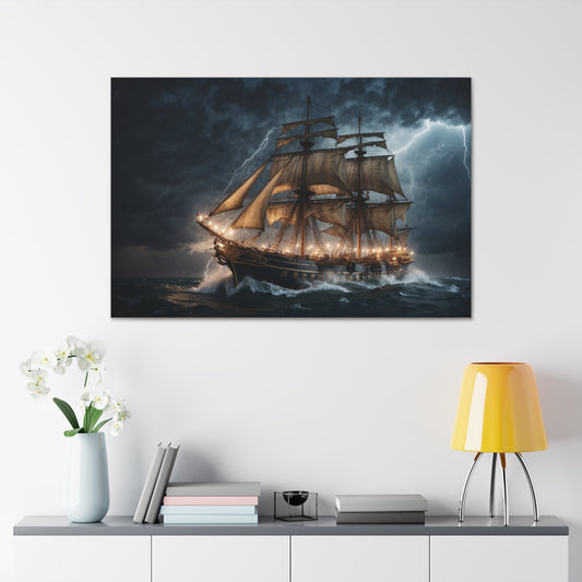 Majestic Tall Ship in Strom - Nautical Canvas Wrap, Ocean Dramatic Scene for Home Decor, Unique Sailor Fathers Day Gift