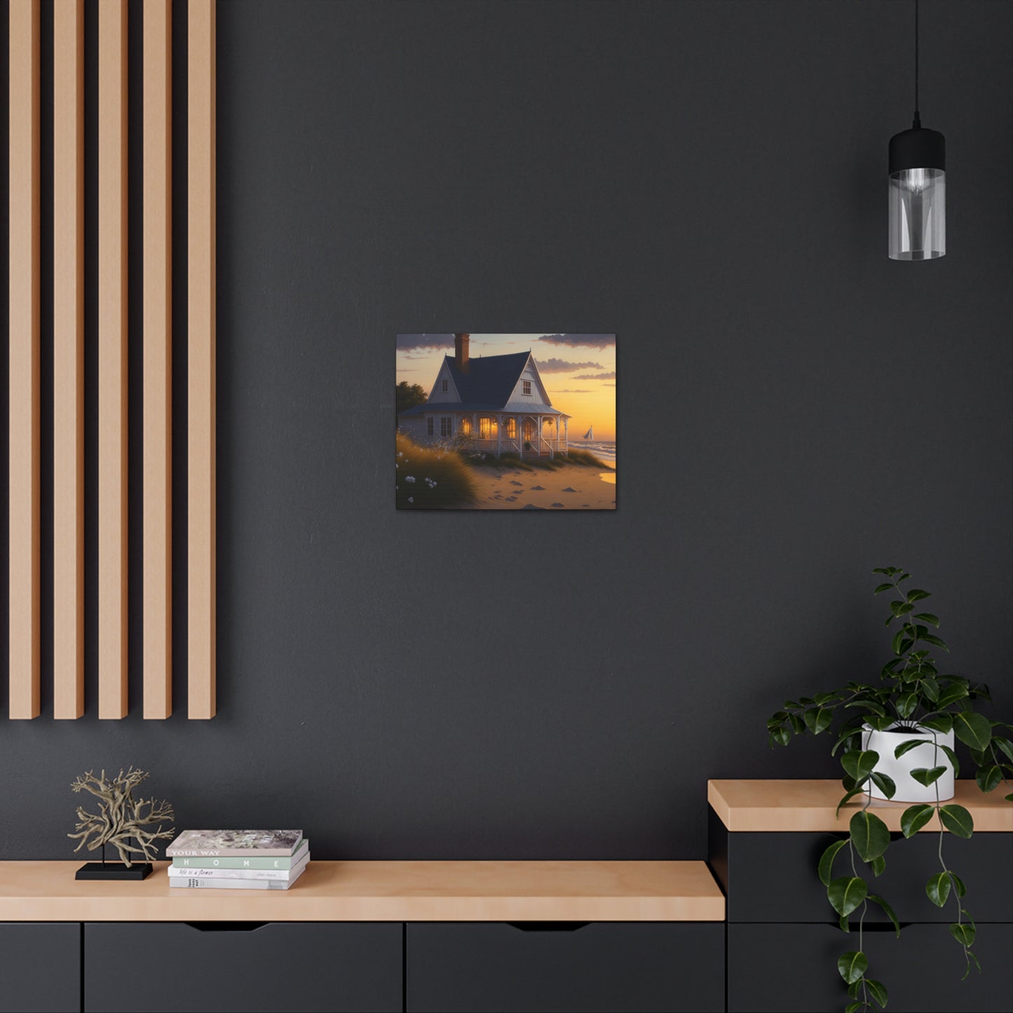 Coastal Retreat: Beach Cottage Canvas Wrap, Idyllic Coastal Landscapes, Serene Ocean Views, and Beachside Escapes, Sand Beaches.