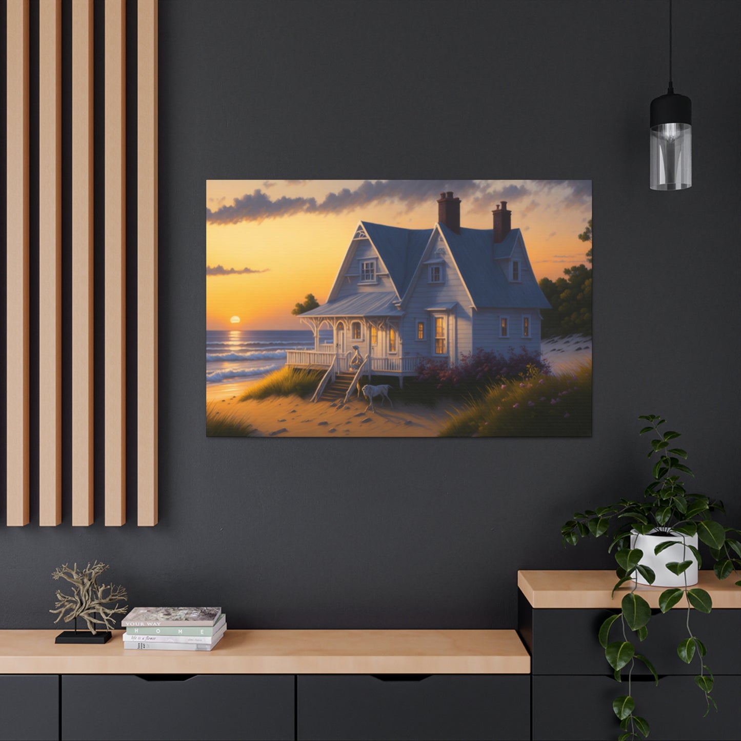 Coastal Retreat: Beach Cottage Canvas Wrap, Idyllic Coastal Landscapes, Serene Ocean Views, and Beachside Escapes, Sandy Beaches.