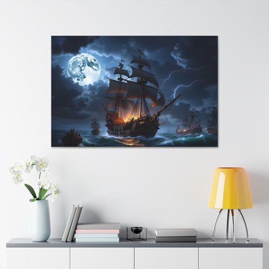 Vintage Naval Battle Canvas Print - Epic Sea Warfare with Tall Ships in Storm, Lightning Seascape Art, Gift for Historic Ship Fan