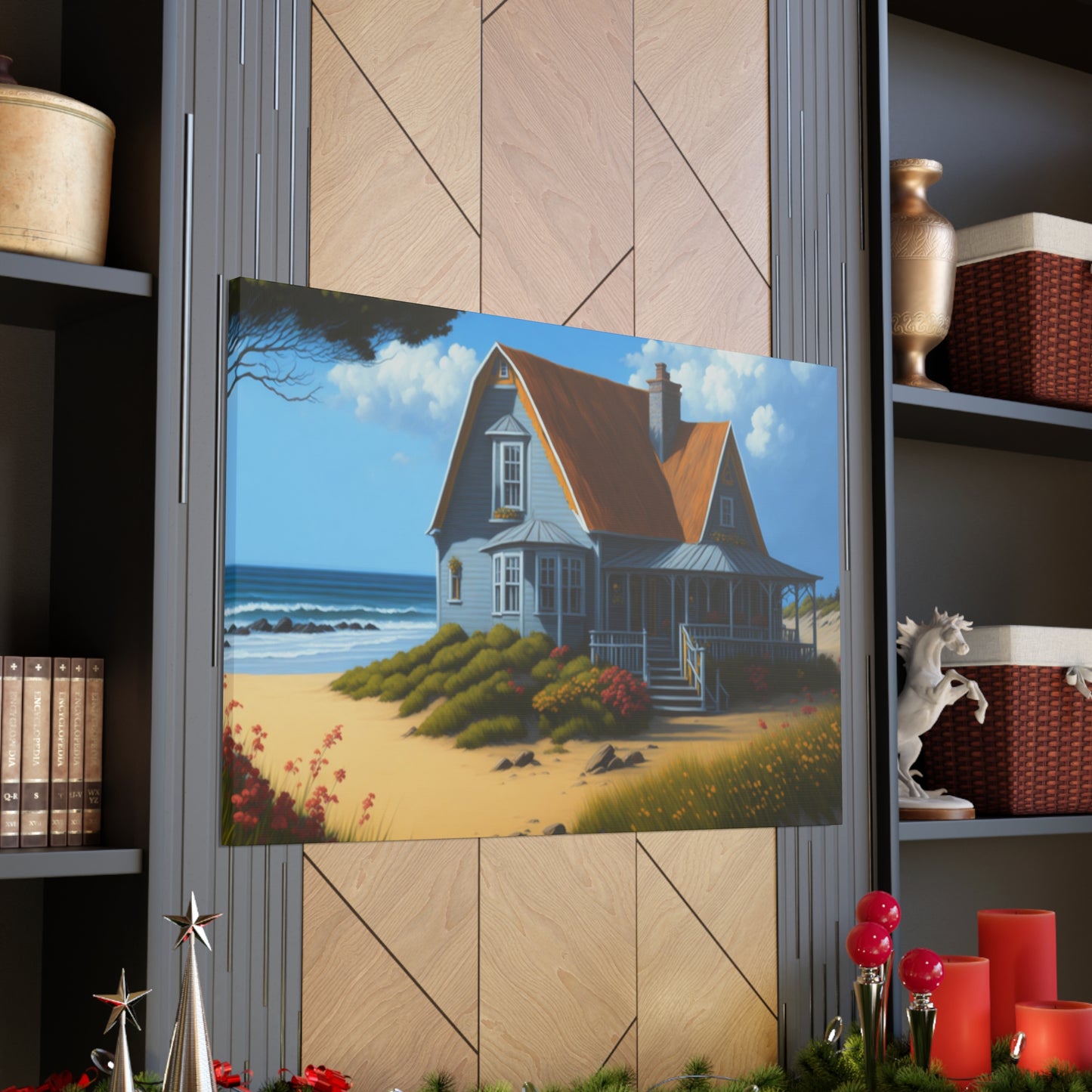 Coastal Retreat: Beach Cottage Canvas Wrap, Idyllic Coastal Landscapes, Serene Ocean Views, and Beachside Escapes, Sand Beaches.