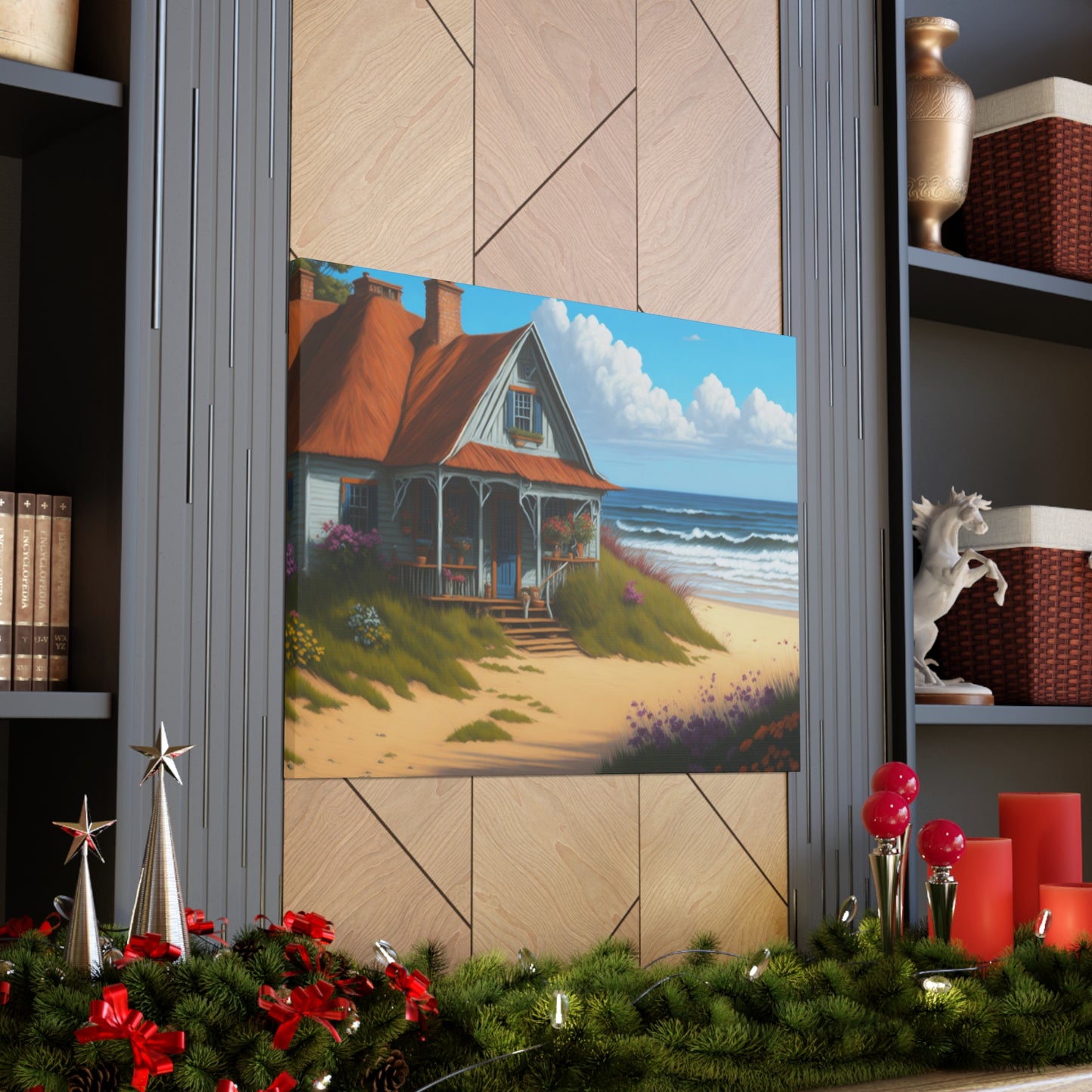 Coastal Retreat: Beach Cottage Canvas Wrap, Idyllic Coastal Landscapes, Serene Ocean Views, and Beachside Escapes, Sand Beaches.